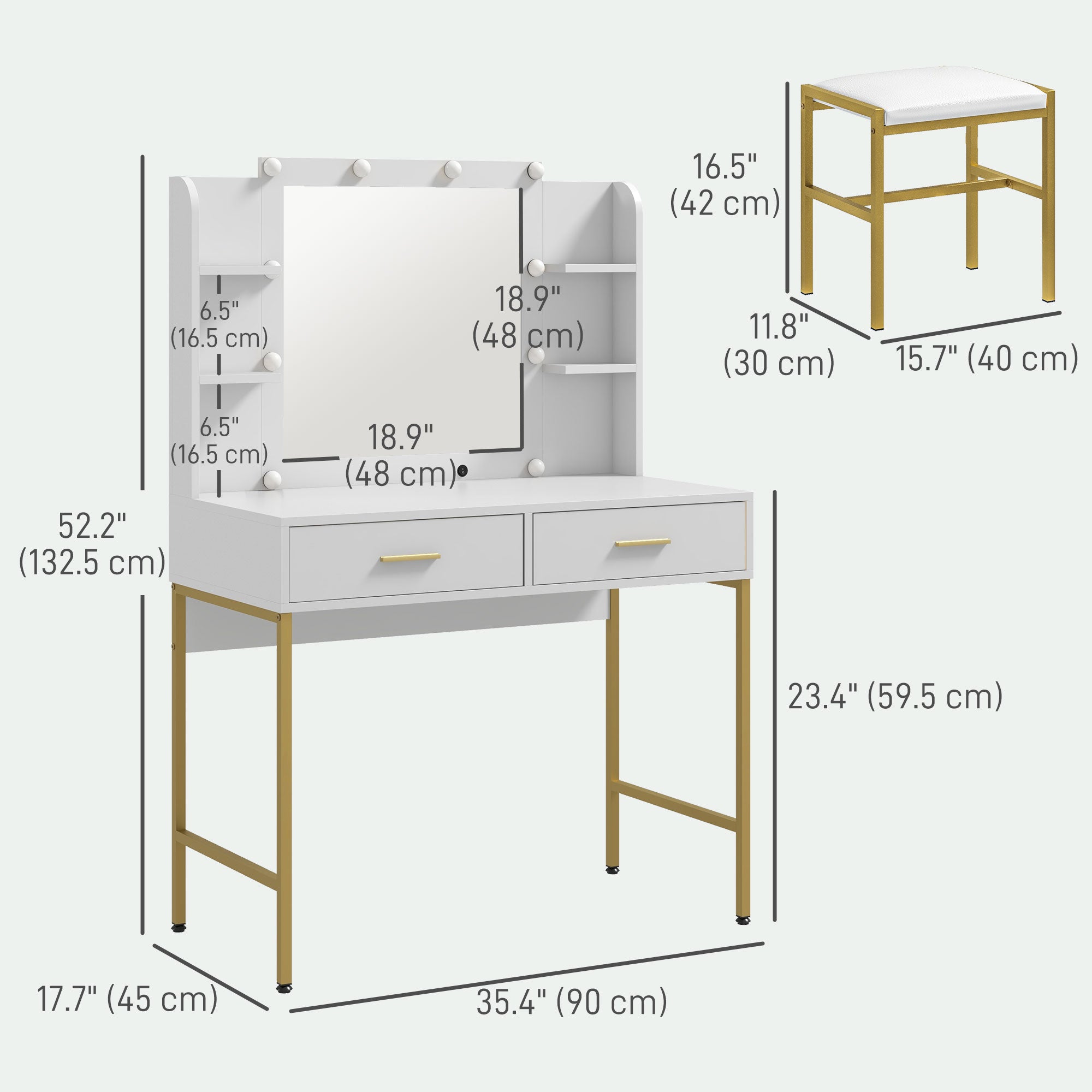 HOMCOM Vanity Set with Lighted Mirror and Stool, Makeup Vanity Desk with Drawers and Shelves, 2 Lighting Modes, 10 Bulbs, Modern Dressing Table for Bedroom, White