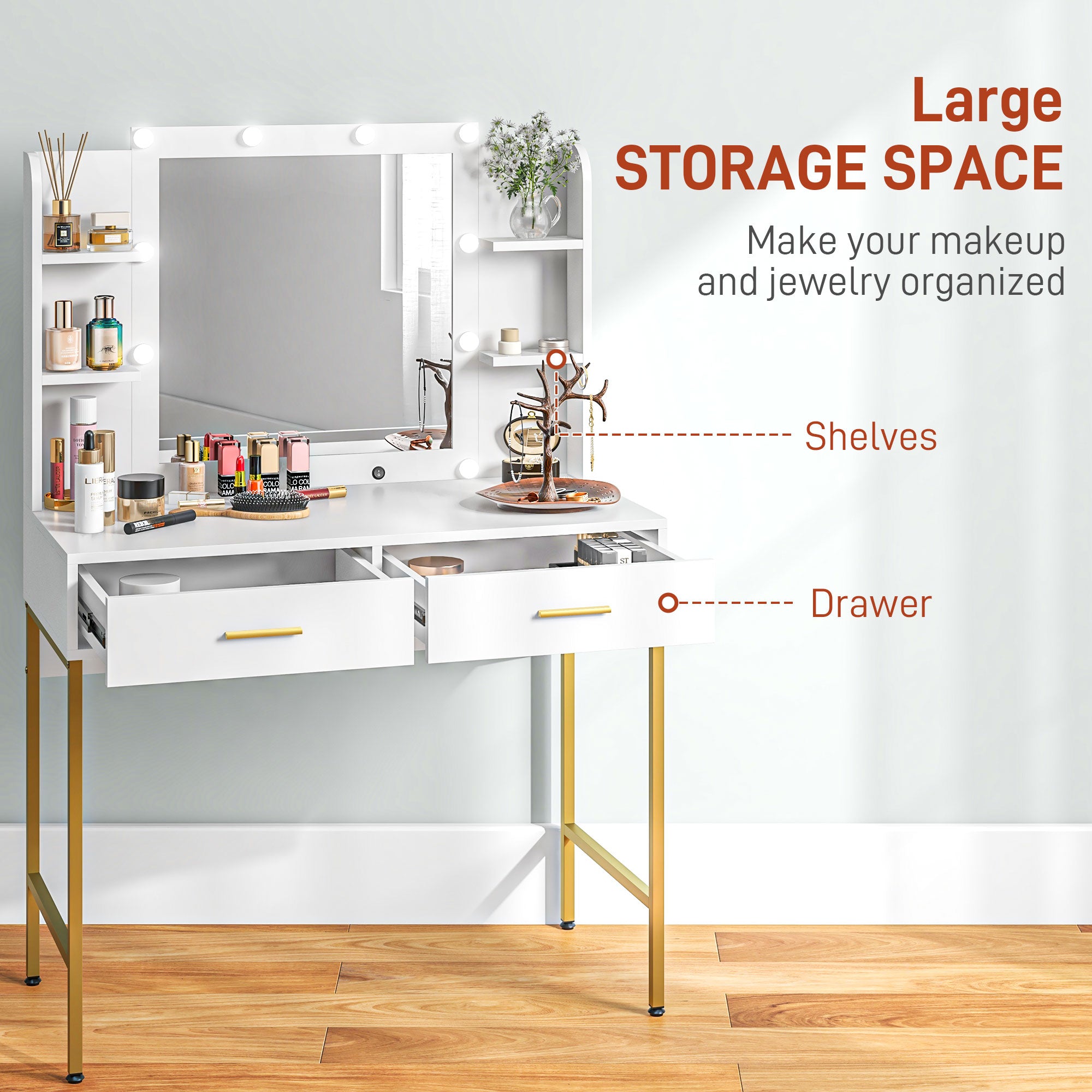 HOMCOM Vanity Set with Lighted Mirror and Stool, Makeup Vanity Desk with Drawers and Shelves, 2 Lighting Modes, 10 Bulbs, Modern Dressing Table for Bedroom, White