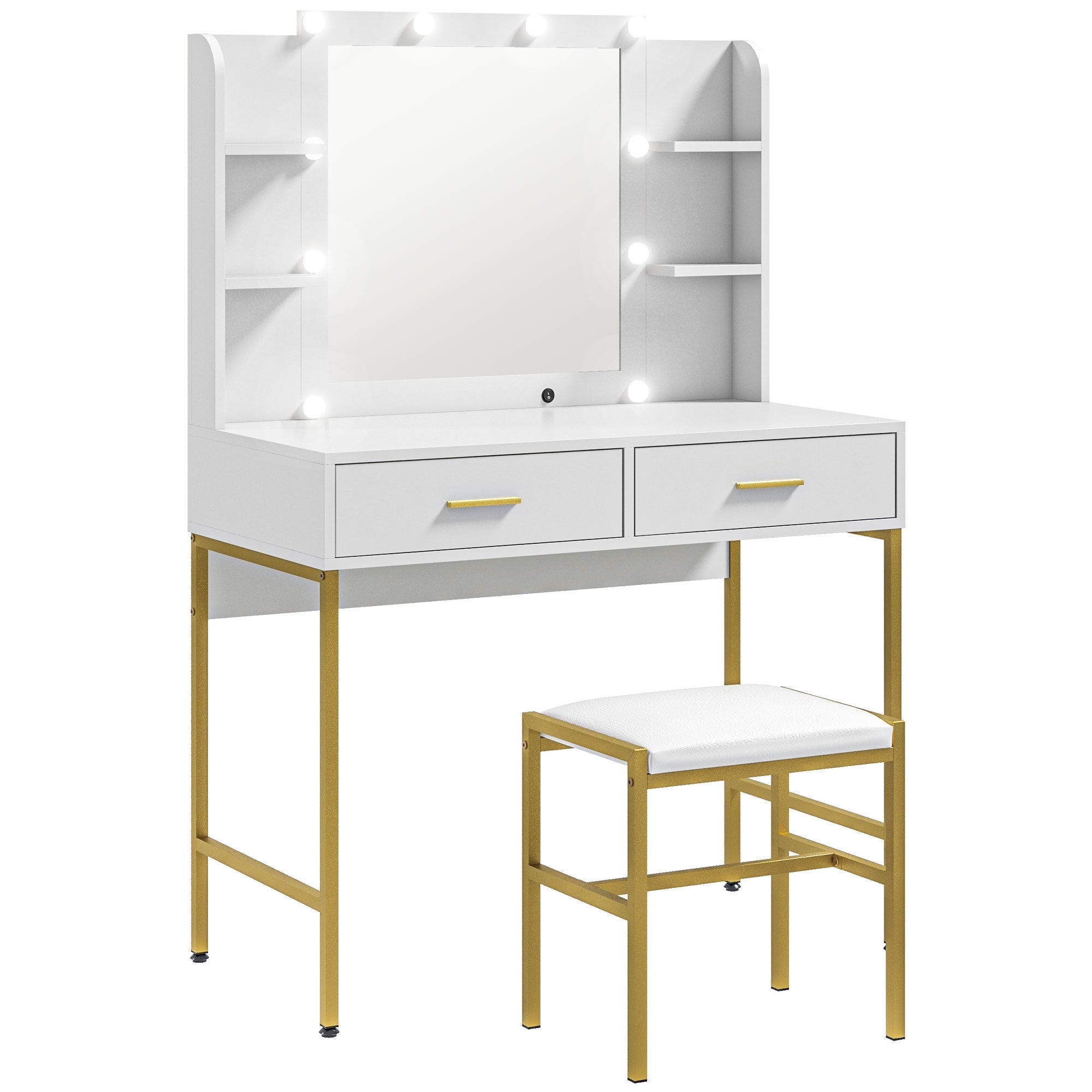 HOMCOM Vanity Set with Lighted Mirror and Stool, Makeup Vanity Desk with Drawers and Shelves, 2 Lighting Modes, 10 Bulbs, Modern Dressing Table for Bedroom, White