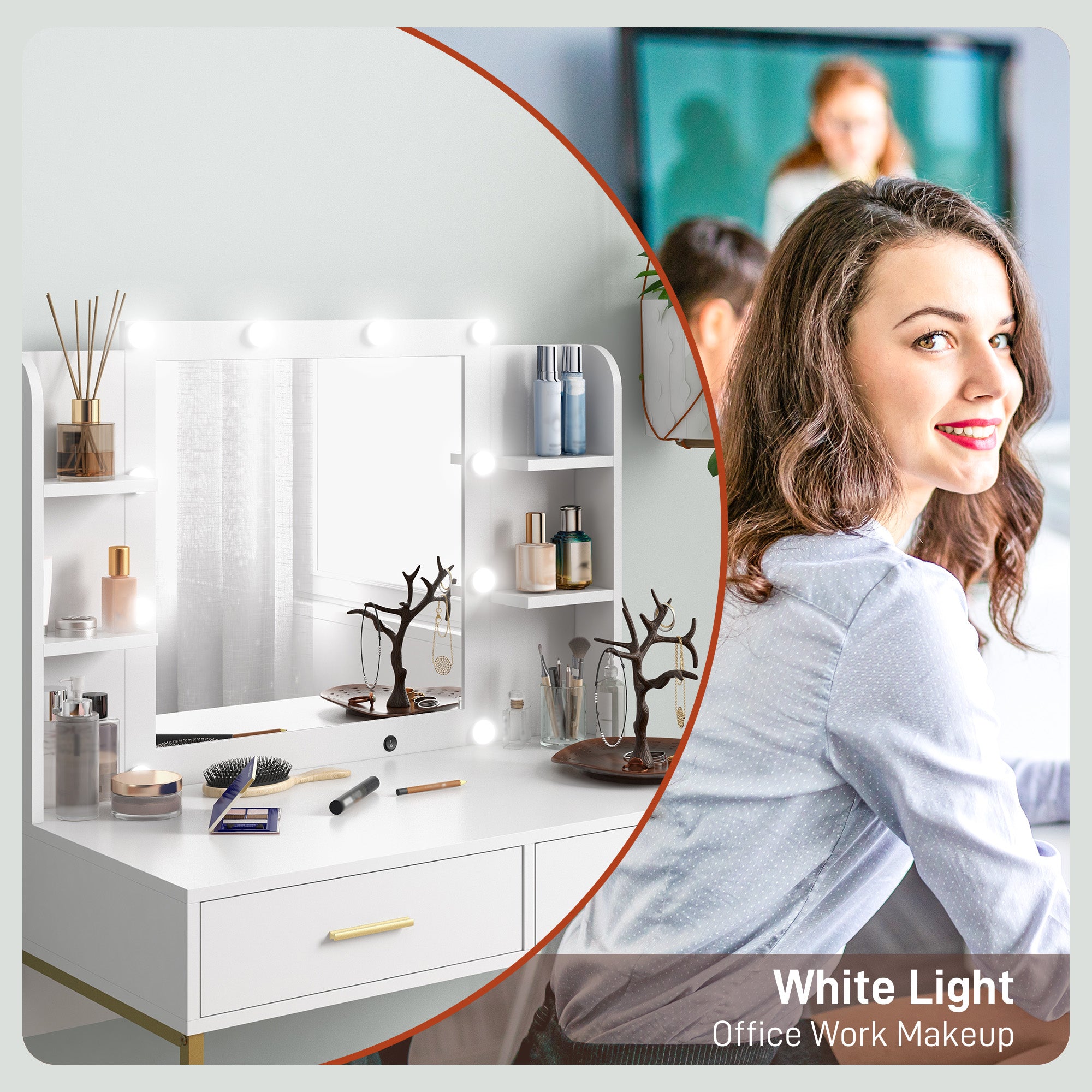 HOMCOM Vanity Set with Lighted Mirror and Stool, Makeup Vanity Desk with Drawers and Shelves, 2 Lighting Modes, 10 Bulbs, Modern Dressing Table for Bedroom, White