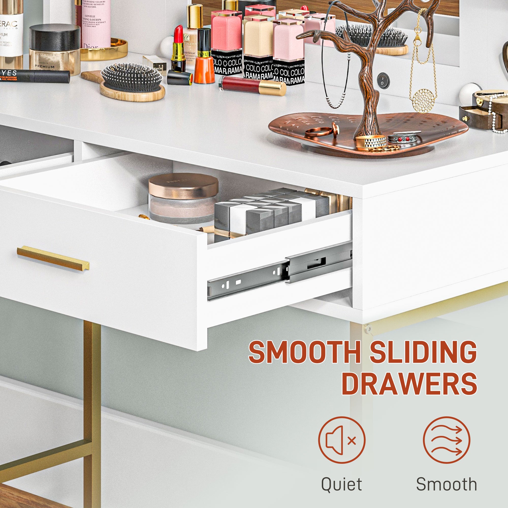 HOMCOM Vanity Set with Lighted Mirror and Stool, Makeup Vanity Desk with Drawers and Shelves, 2 Lighting Modes, 10 Bulbs, Modern Dressing Table for Bedroom, White