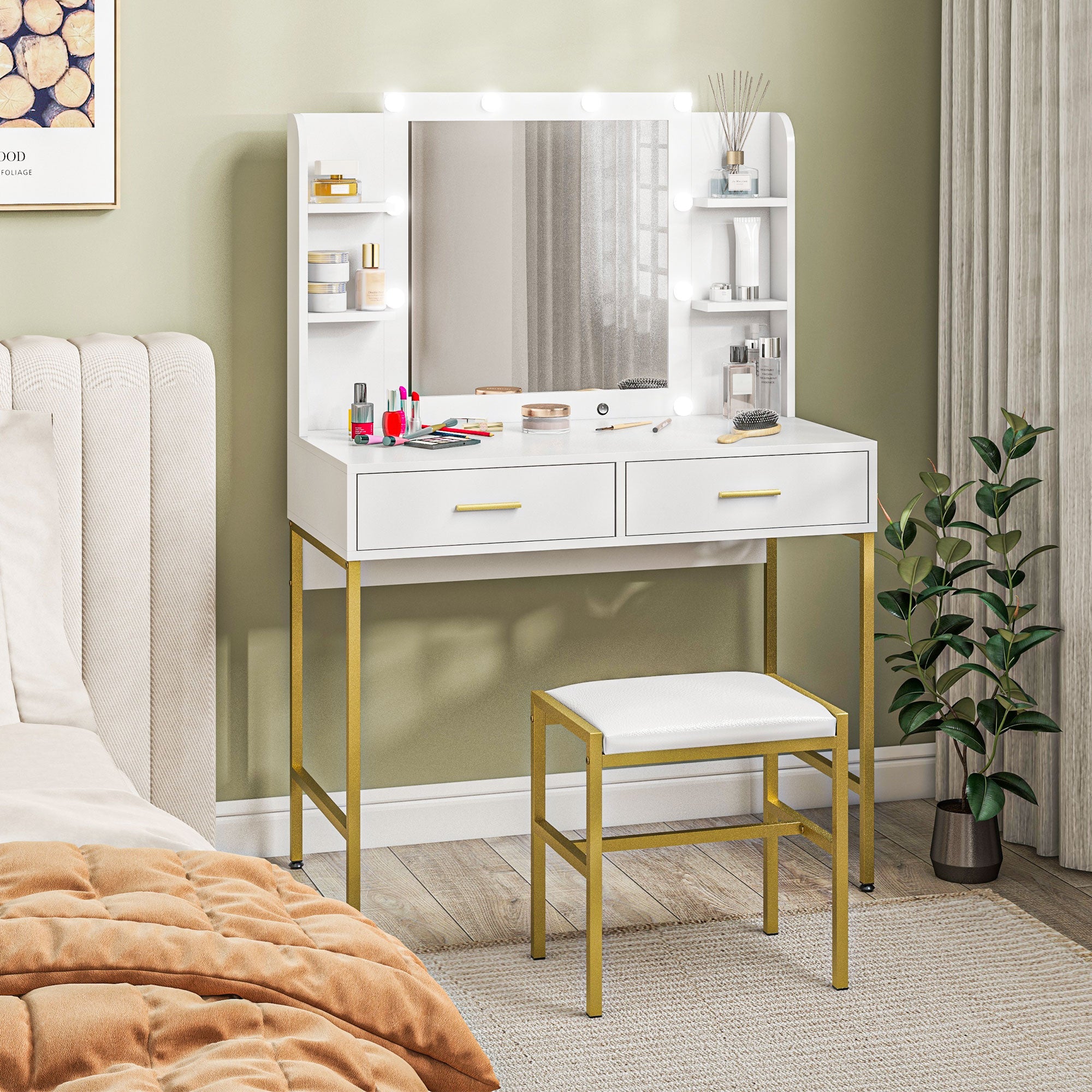 HOMCOM Vanity Set with Lighted Mirror and Stool, Makeup Vanity Desk with Drawers and Shelves, 2 Lighting Modes, 10 Bulbs, Modern Dressing Table for Bedroom, White