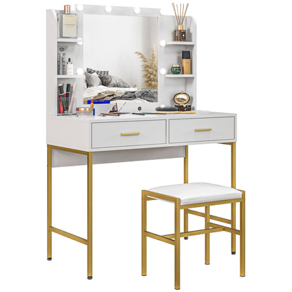 HOMCOM Vanity Set with Lighted Mirror and Stool, Makeup Vanity Desk with Drawers and Shelves, 2 Lighting Modes, 10 Bulbs, Modern Dressing Table for Bedroom, White
