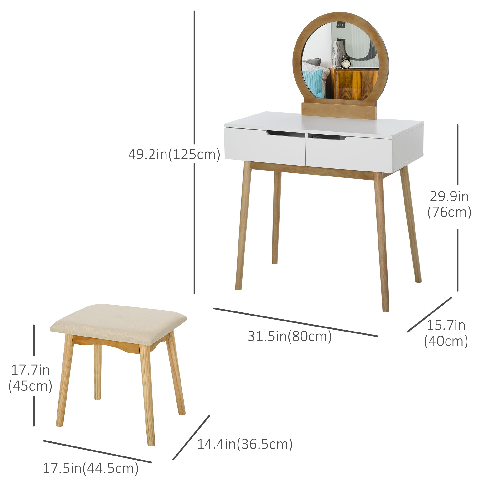 HOMCOM Vanity Table Set with Round Mirror and 2 Drawers, Dressing Table with Cushioned Stool Set for Bedroom (Natural Wood)