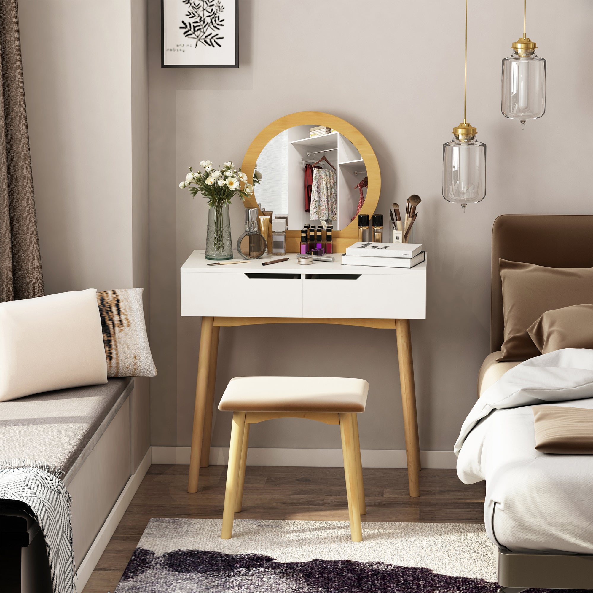 HOMCOM Vanity Table Set with Round Mirror and 2 Drawers, Dressing Table with Cushioned Stool Set for Bedroom (Natural Wood)