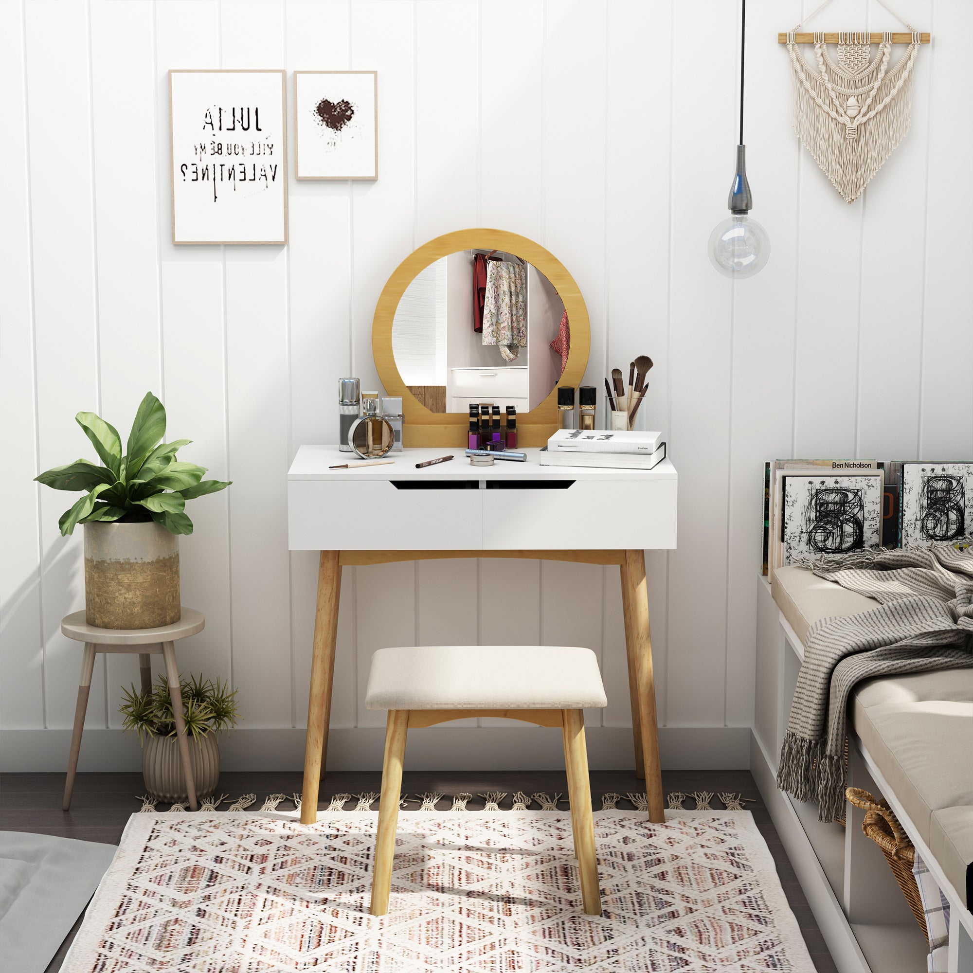 HOMCOM Vanity Table Set with Round Mirror and 2 Drawers, Dressing Table with Cushioned Stool Set for Bedroom (Natural Wood)