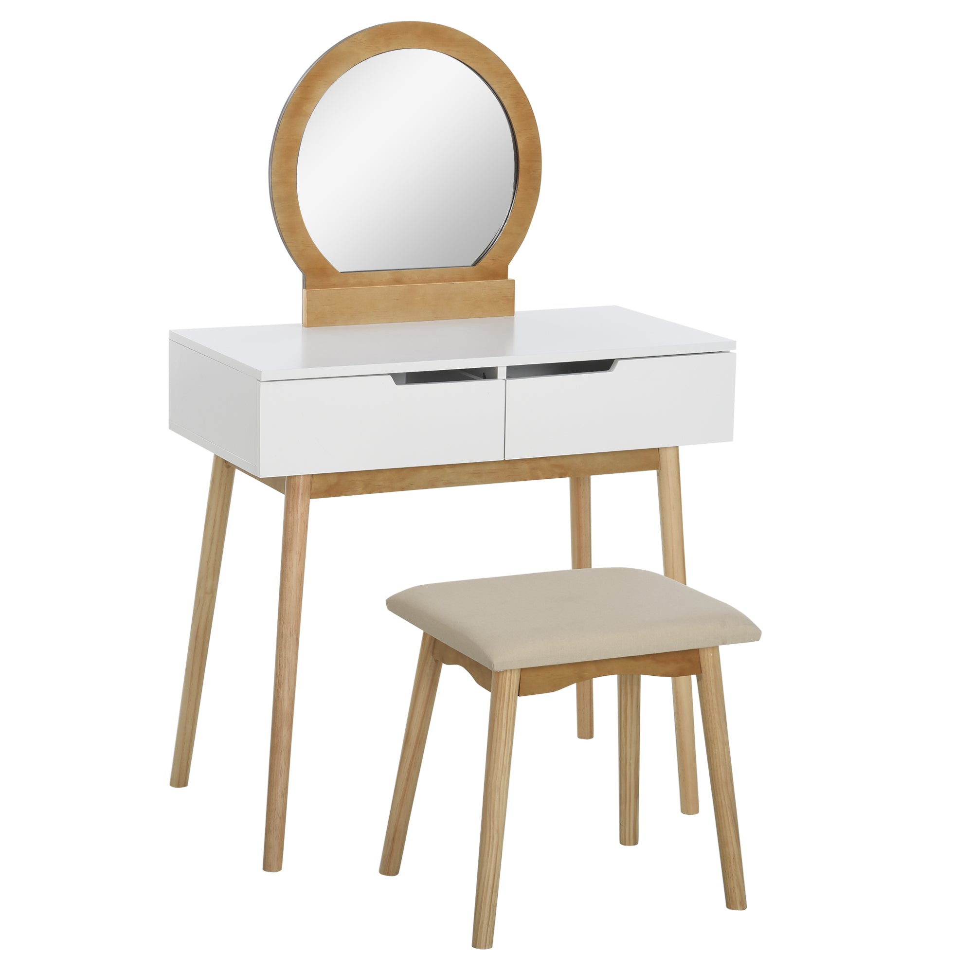 HOMCOM Vanity Table Set with Round Mirror and 2 Drawers, Dressing Table with Cushioned Stool Set for Bedroom (Natural Wood)
