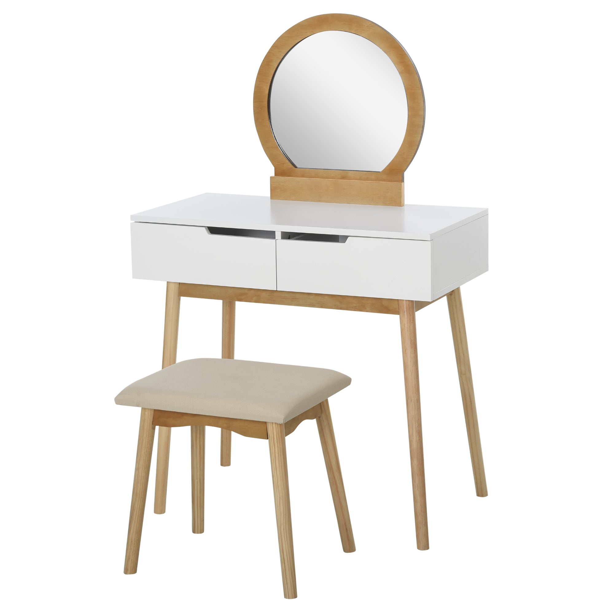 HOMCOM Vanity Table Set with Round Mirror and 2 Drawers, Dressing Table with Cushioned Stool Set for Bedroom (Natural Wood)
