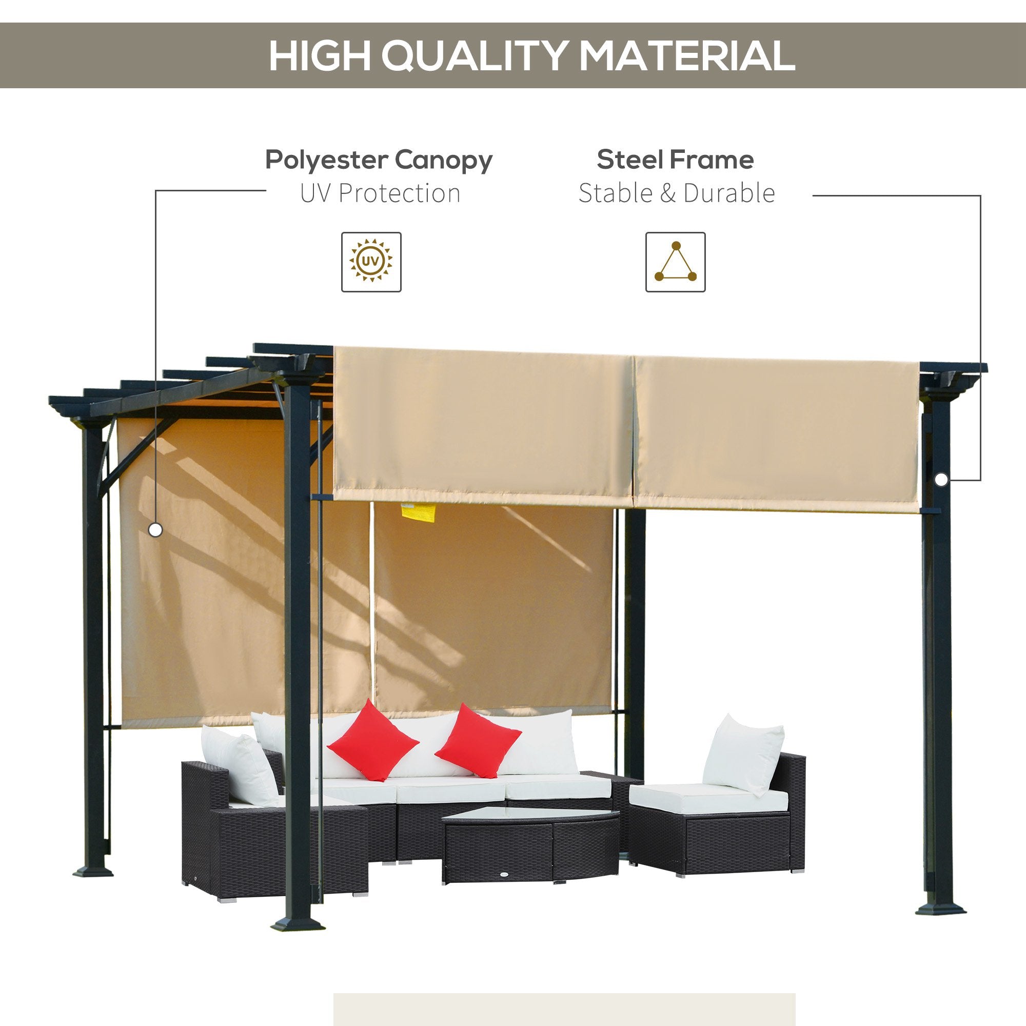 Outsunny 10' x 12' Retractable Pergola Canopy, Outdoor Gazebo with Sun Shade Canopy and Steel Frame, for Backyard, Garden, Patio, Deck, Beige