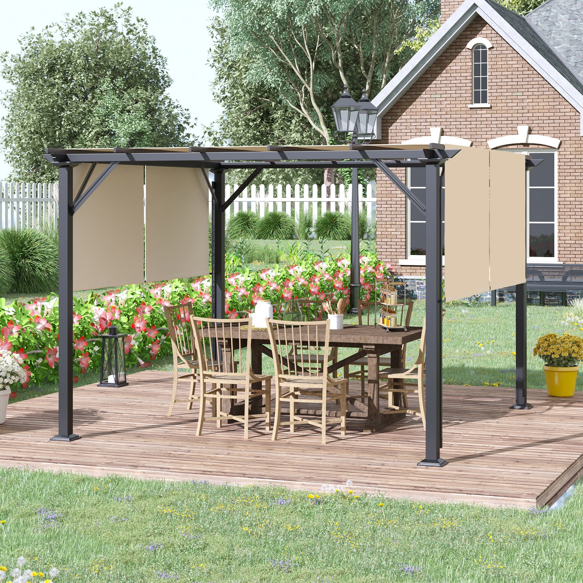 Outsunny 10' x 12' Retractable Pergola Canopy, Outdoor Gazebo with Sun Shade Canopy and Steel Frame, for Backyard, Garden, Patio, Deck, Beige