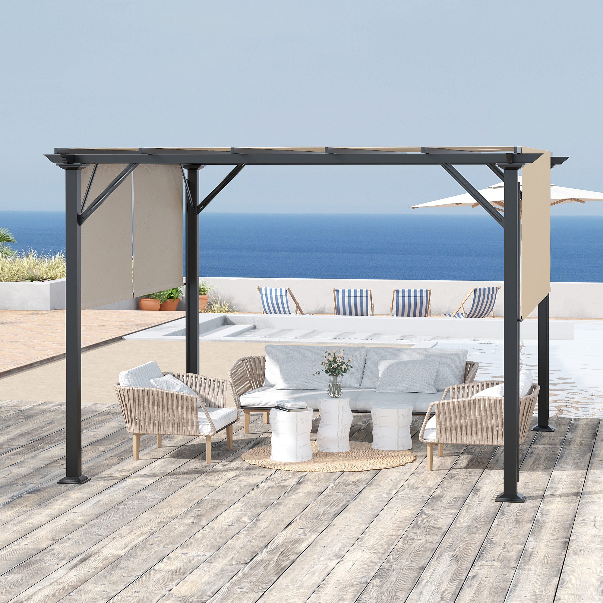 Outsunny 10' x 12' Retractable Pergola Canopy, Outdoor Gazebo with Sun Shade Canopy and Steel Frame, for Backyard, Garden, Patio, Deck, Beige