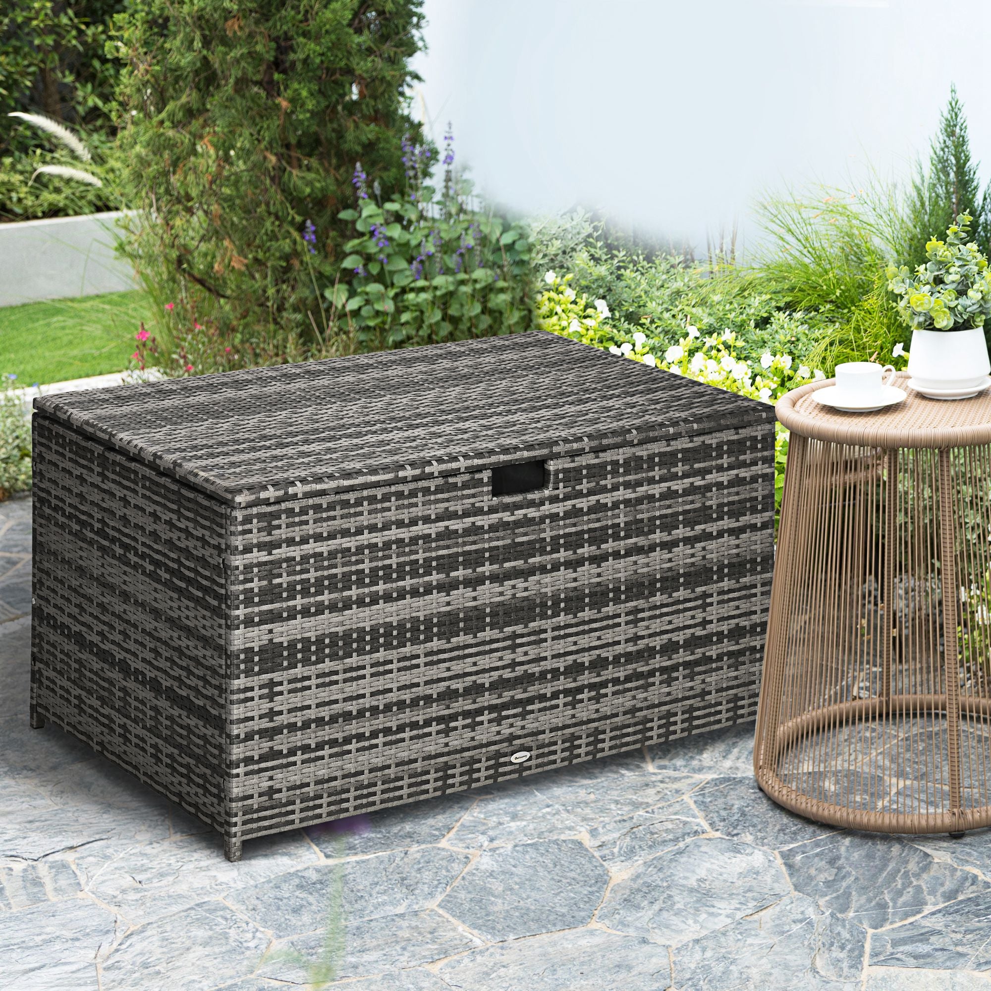 Outsunny Rattan Deck Box, Rattan 113 Gallon Outdoor Storage Box with Lid and Handle for Indoor, Patio Furniture Cushions, Pool and Garden Tools, Grey