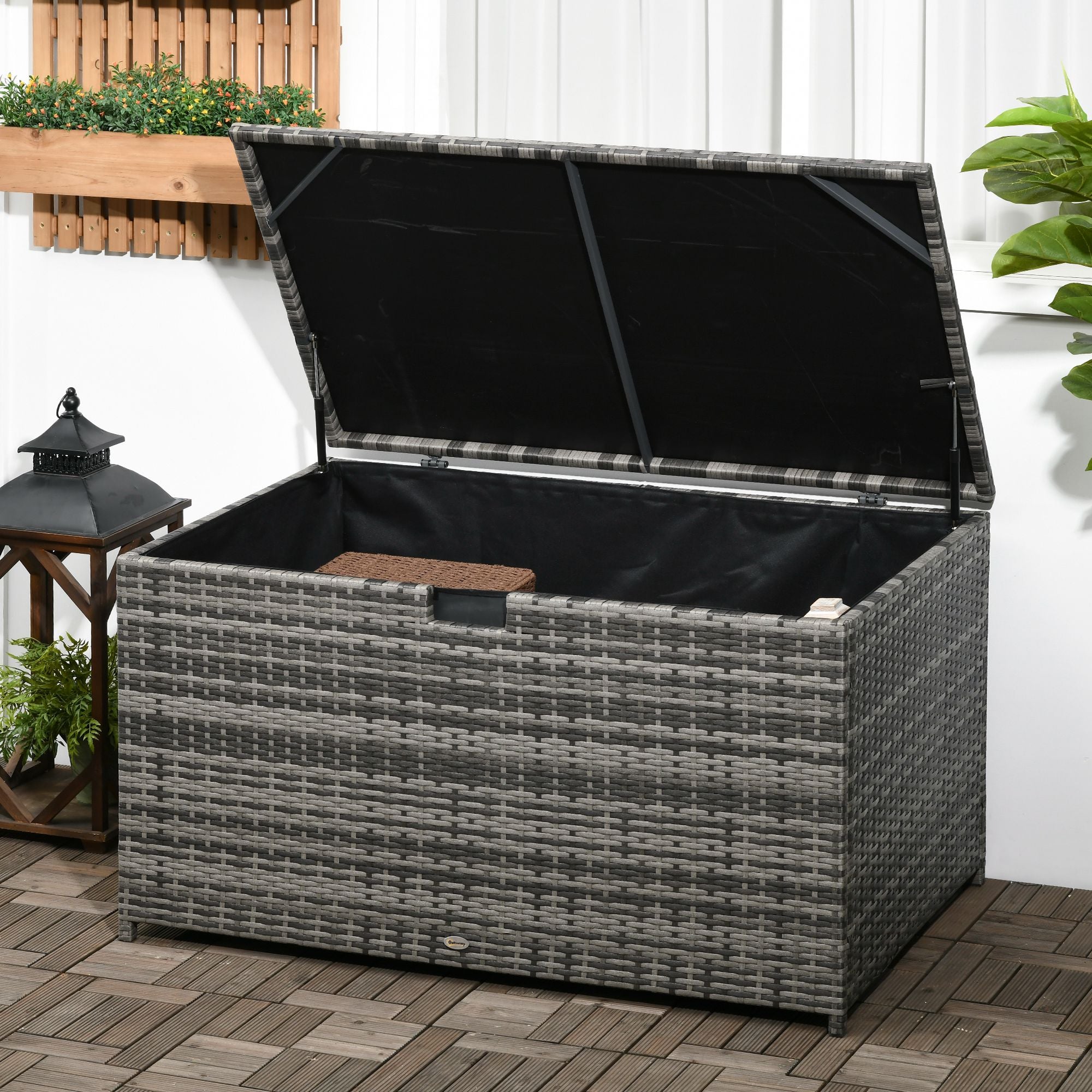 Outsunny Rattan Deck Box, Rattan 113 Gallon Outdoor Storage Box with Lid and Handle for Indoor, Patio Furniture Cushions, Pool and Garden Tools, Grey