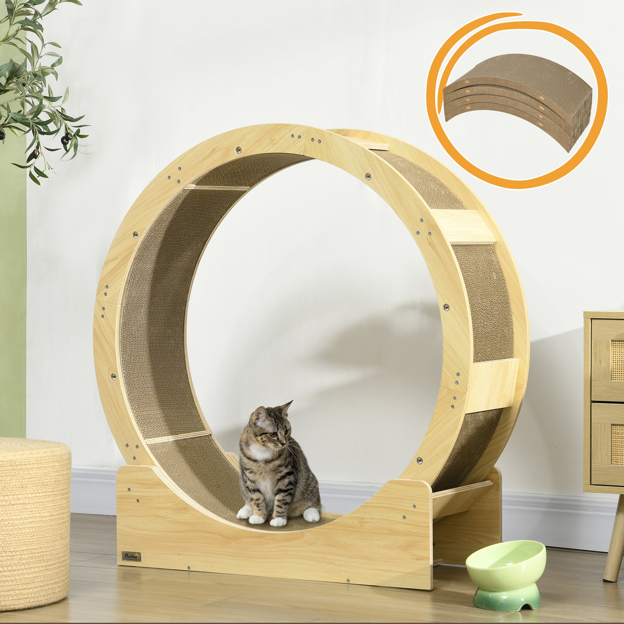PawHut Cat Wheel for Indoor Cats, 36" Cat Treadmill with Brake, Cat Exercise Running Wheel with 4 Pack Replacement Scratching Pads for Health and Fitness, Oak