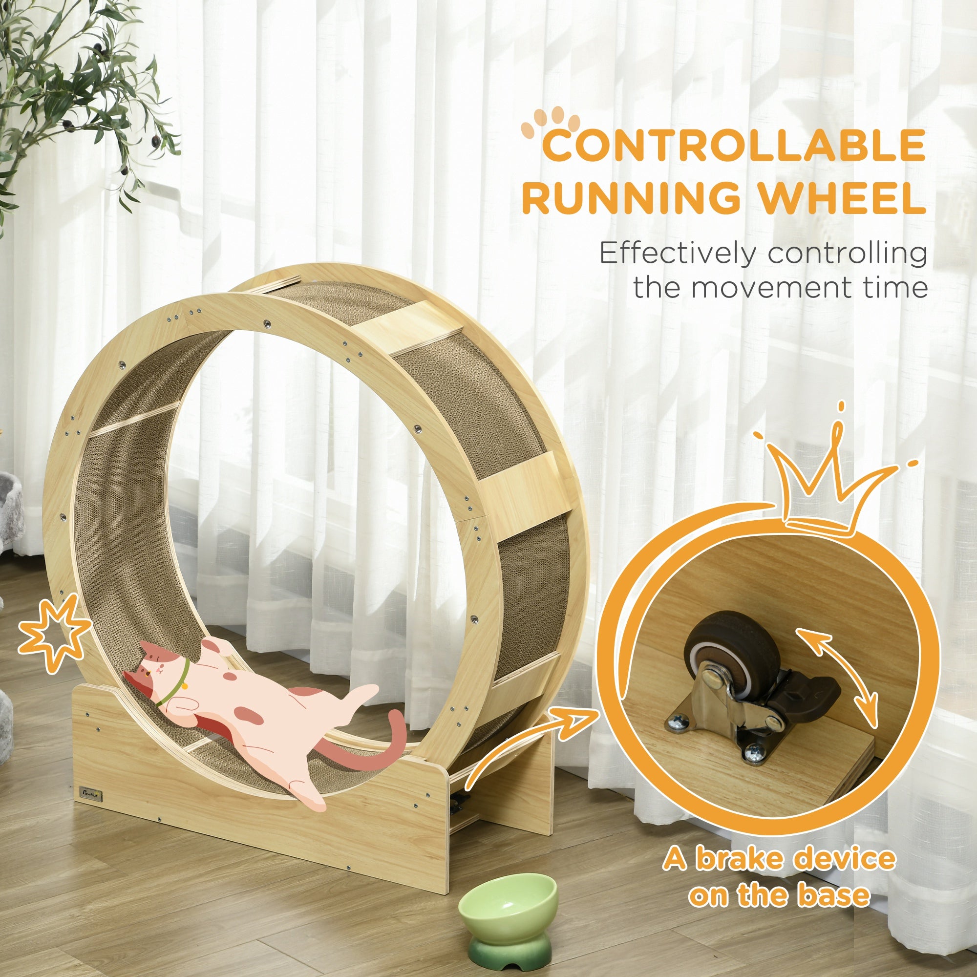 PawHut Cat Wheel for Indoor Cats, 36" Cat Treadmill with Brake, Cat Exercise Running Wheel with 4 Pack Replacement Scratching Pads for Health and Fitness, Oak