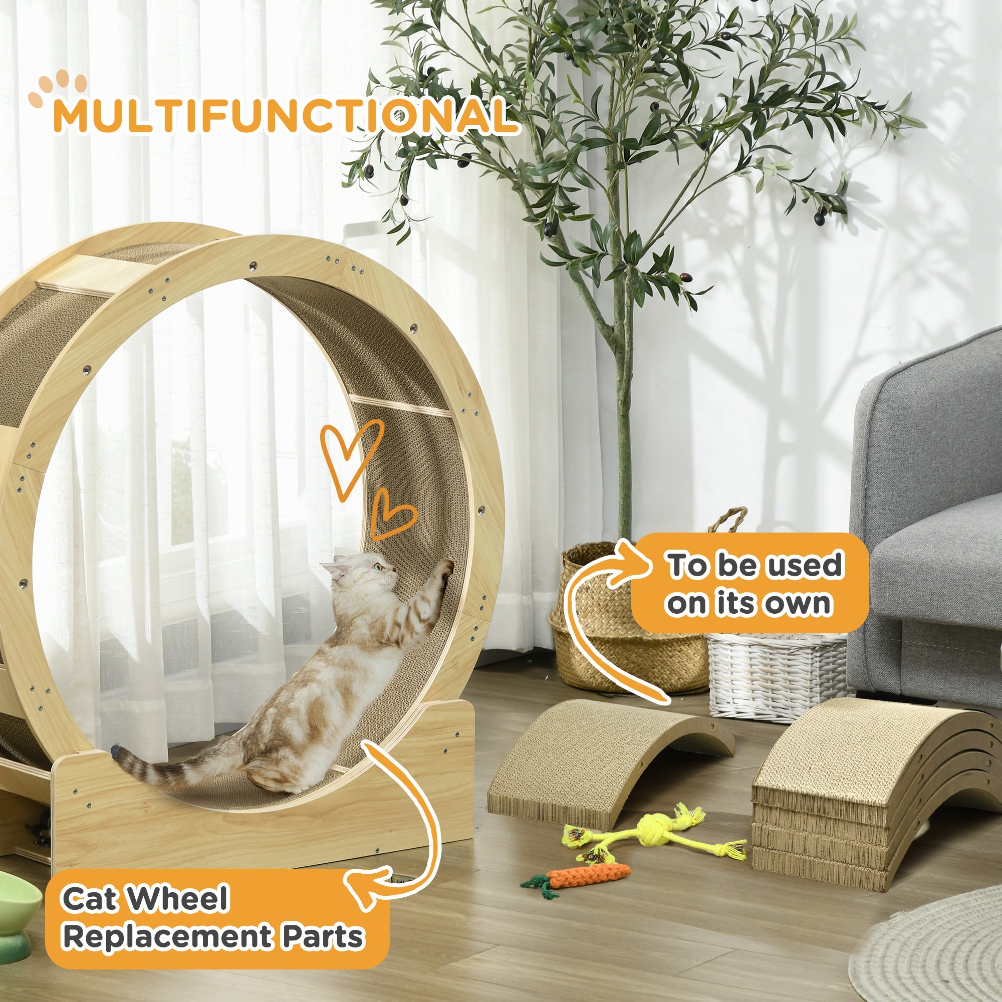 PawHut Cat Wheel for Indoor Cats, 36" Cat Treadmill with Brake, Cat Exercise Running Wheel with 4 Pack Replacement Scratching Pads for Health and Fitness, Oak