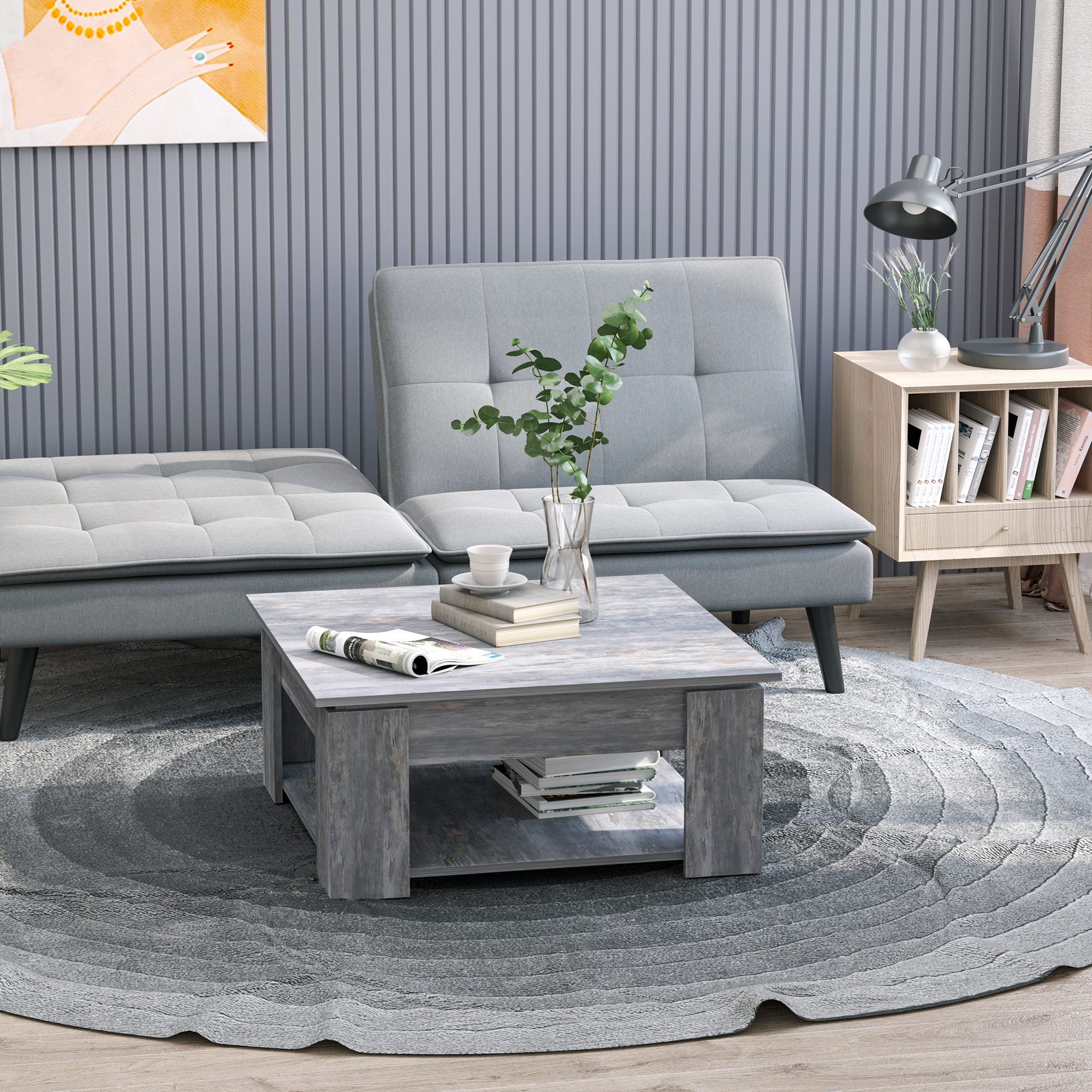 HOMCOM Modern Coffee Table with Storage Shelf, Square  Cocktail Table, Center Table for Living Room, Grey