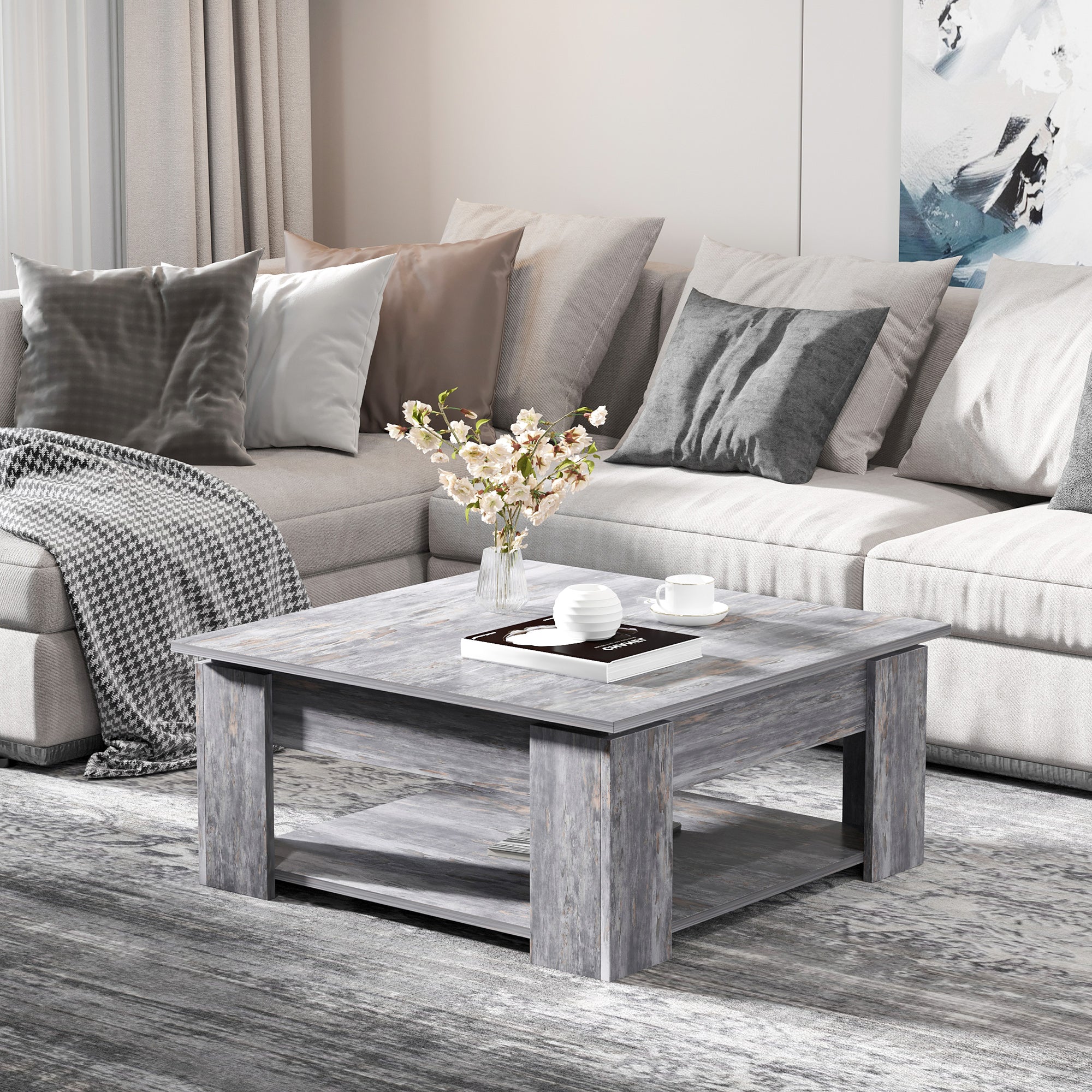 HOMCOM Modern Coffee Table with Storage Shelf, Square  Cocktail Table, Center Table for Living Room, Grey