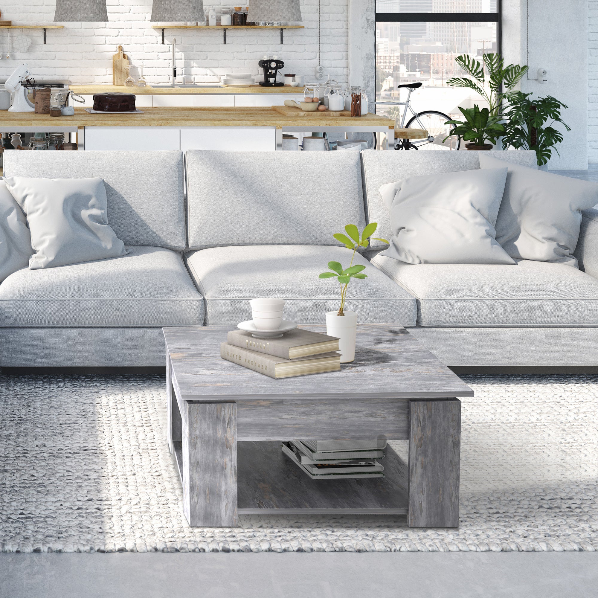 HOMCOM Modern Coffee Table with Storage Shelf, Square  Cocktail Table, Center Table for Living Room, Grey