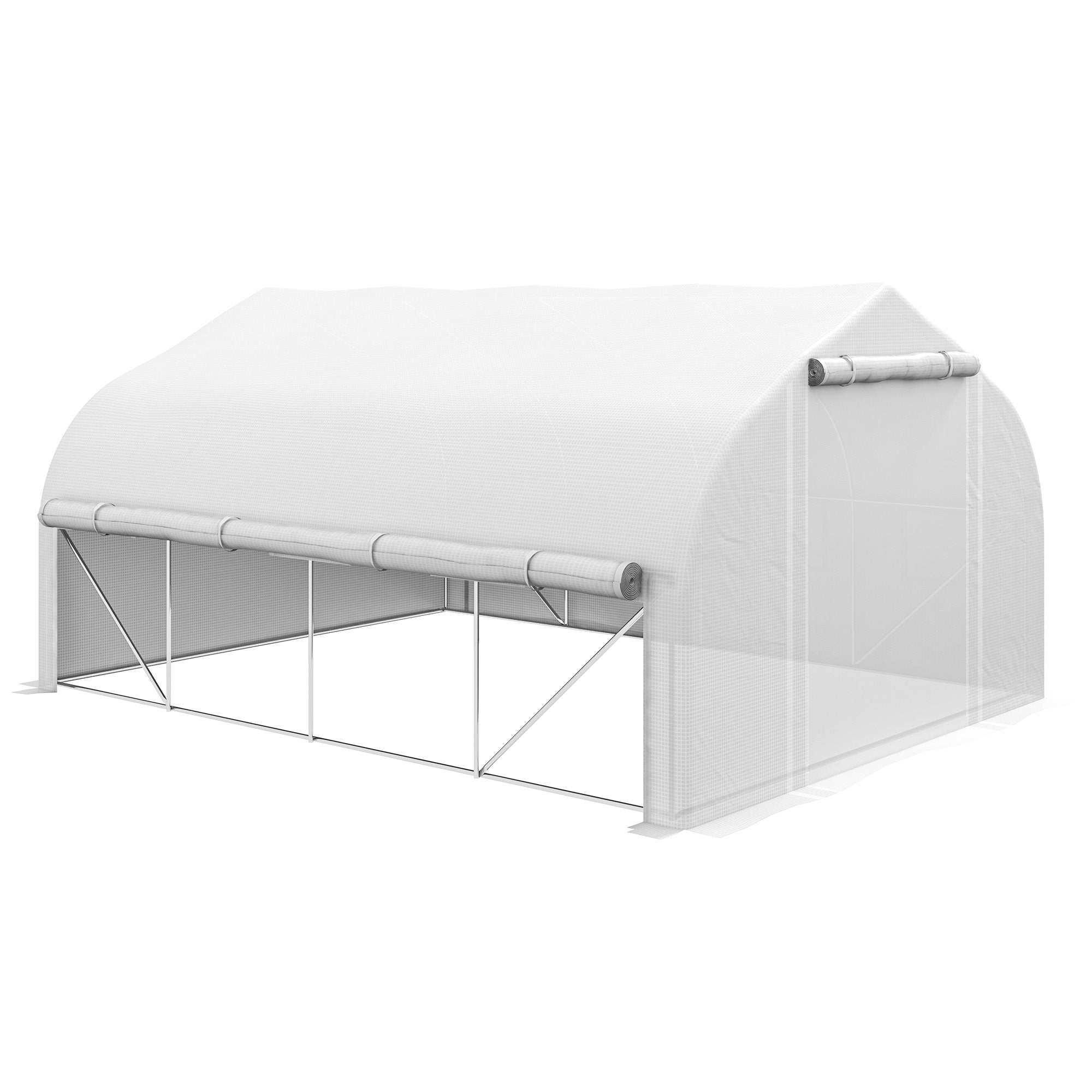 Outsunny 13 x 9.8ft Walk-in Polytunnel Greenhouse, Zipped Roll Up Sidewalls, Mesh Door, 8 Mesh Windows, Tunnel Warm House Tent with PE Cover, Plant Labels and Gloves, White