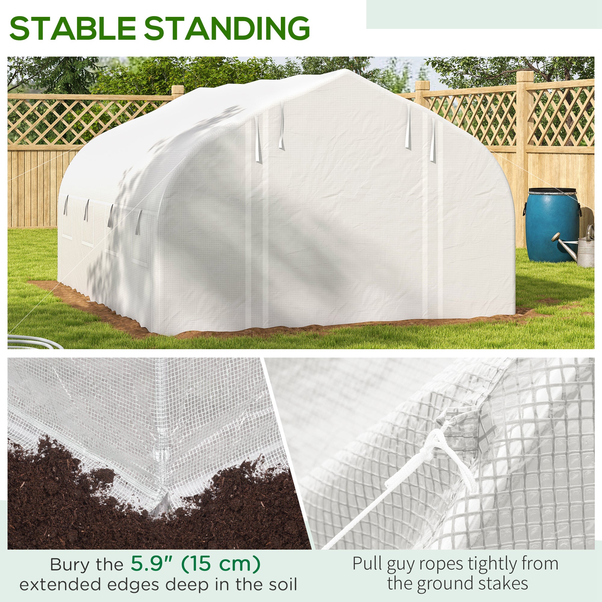 Outsunny 13 x 9.8ft Walk-in Polytunnel Greenhouse, Zipped Roll Up Sidewalls, Mesh Door, 8 Mesh Windows, Tunnel Warm House Tent with PE Cover, Plant Labels and Gloves, White