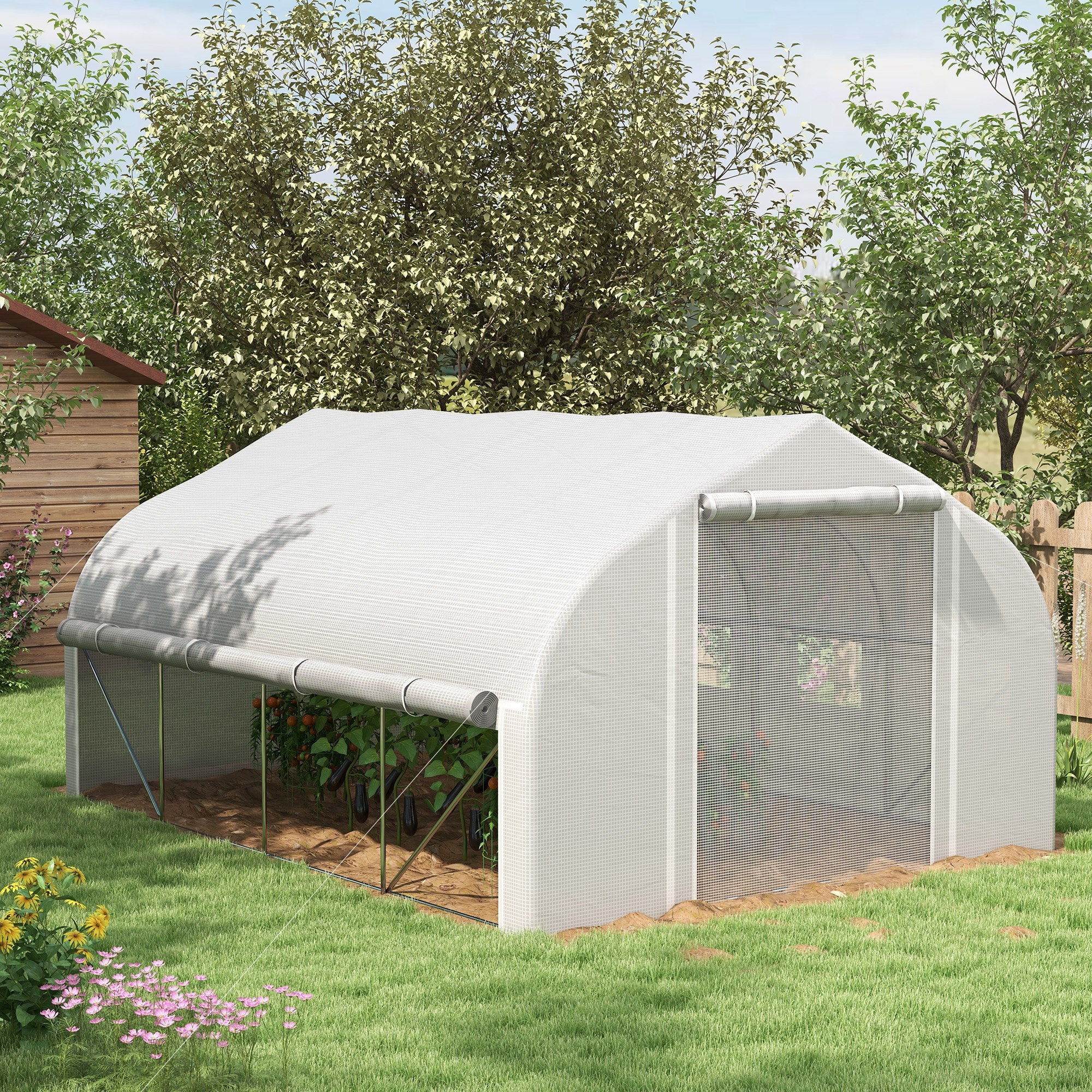 Outsunny 13 x 9.8ft Walk-in Polytunnel Greenhouse, Zipped Roll Up Sidewalls, Mesh Door, 8 Mesh Windows, Tunnel Warm House Tent with PE Cover, Plant Labels and Gloves, White