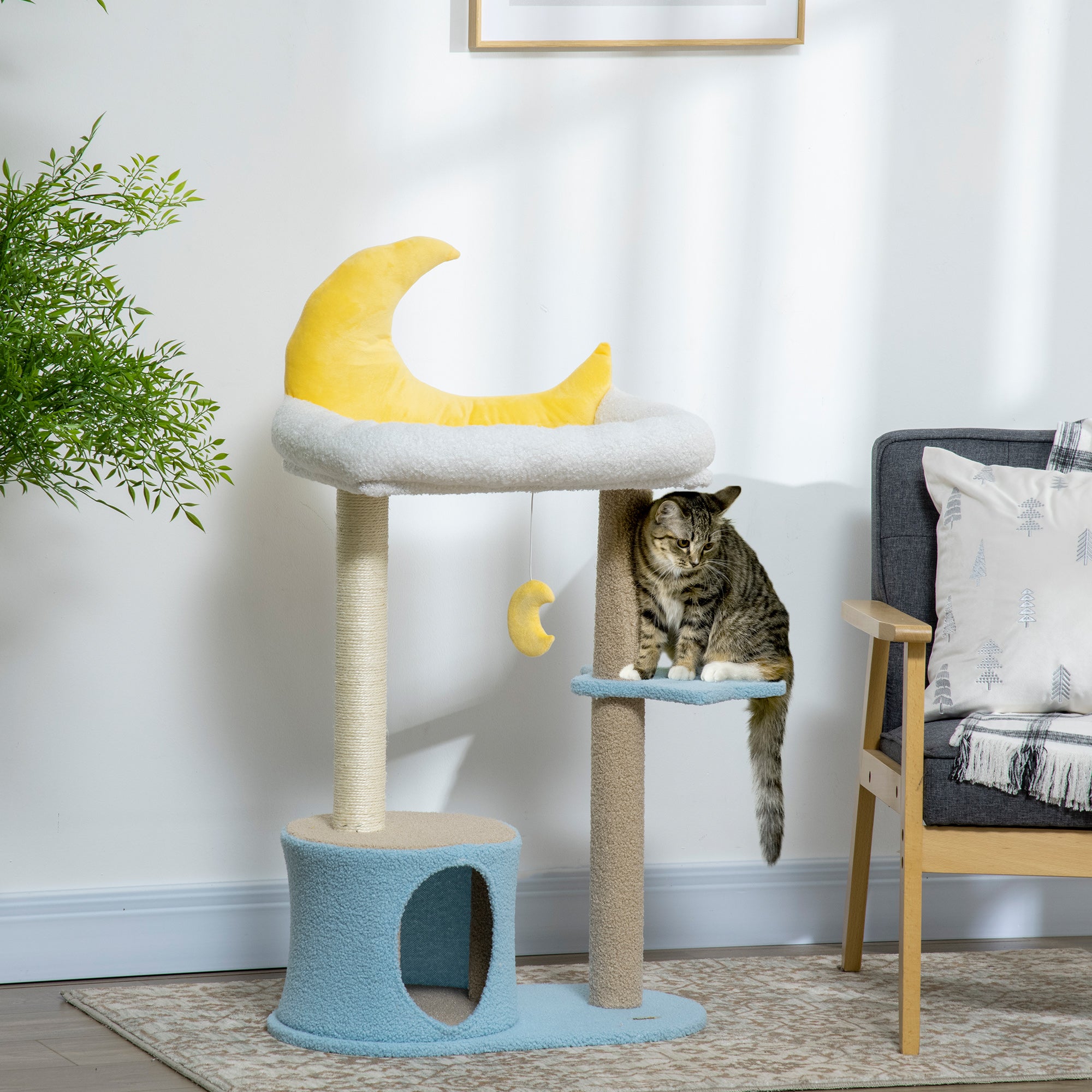 PawHut Moon Cute Cat Tree for Indoor Cats with Kitten Condo and Bed, Cat Tower with Scratching Post, Hanging Moon Shaped Toy, Star Platform, Blue