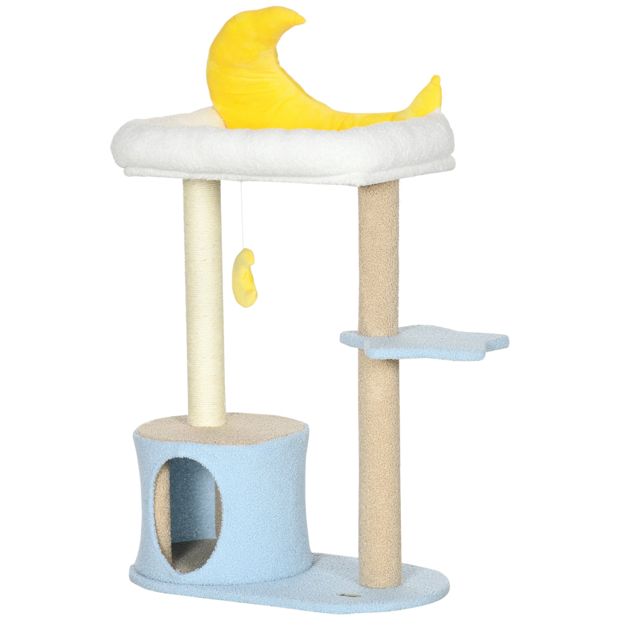 PawHut Moon Cute Cat Tree for Indoor Cats with Kitten Condo and Bed, Cat Tower with Scratching Post, Hanging Moon Shaped Toy, Star Platform, Blue
