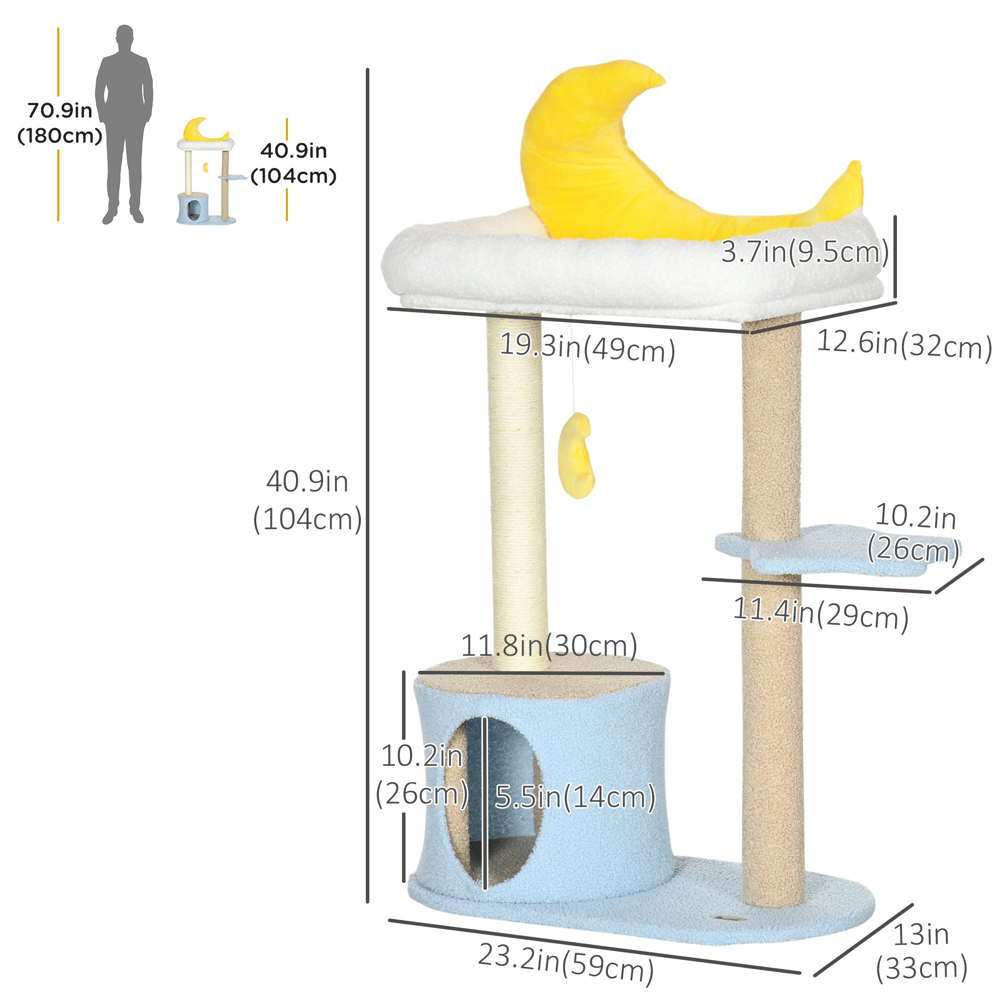 PawHut Moon Cute Cat Tree for Indoor Cats with Kitten Condo and Bed, Cat Tower with Scratching Post, Hanging Moon Shaped Toy, Star Platform, Blue