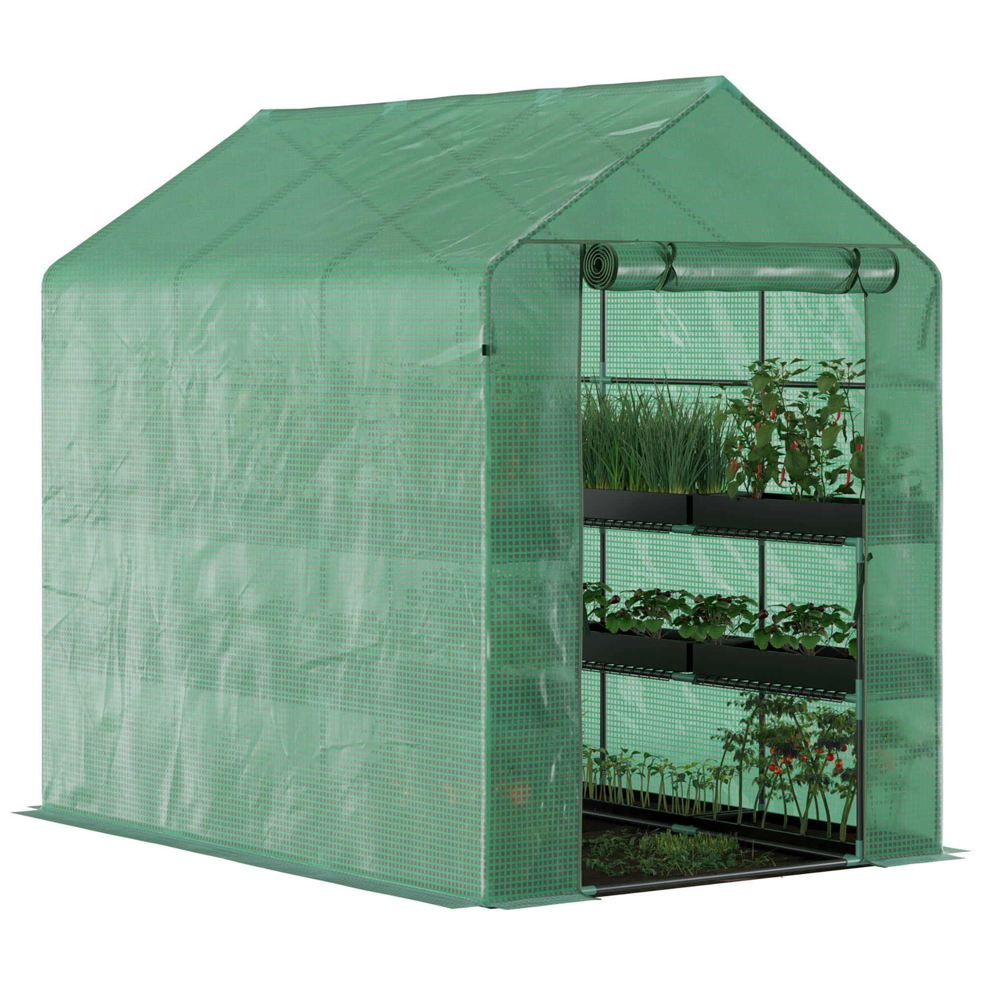 Outsunny 84"x 56" x 77" Walk-in Greenhouse 2-Tier Flower Rack Outdoor Plant Garden PE Cover Steel Frame with Roll up Door, Green