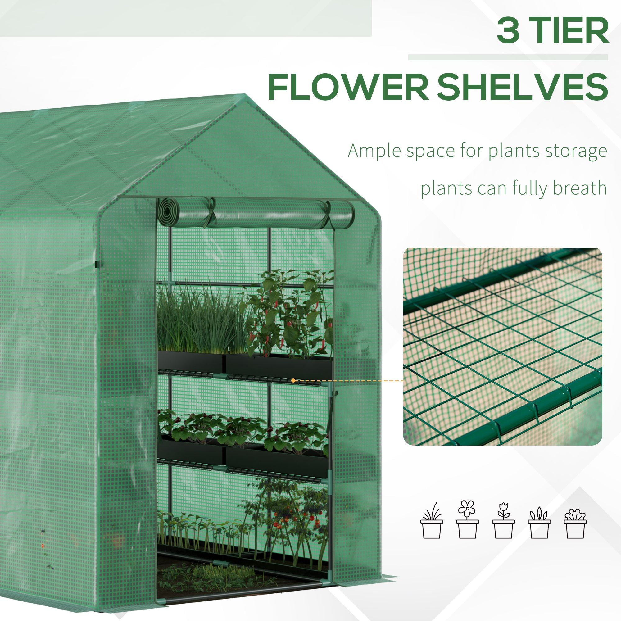 Outsunny 84"x 56" x 77" Walk-in Greenhouse 2-Tier Flower Rack Outdoor Plant Garden PE Cover Steel Frame with Roll up Door, Green