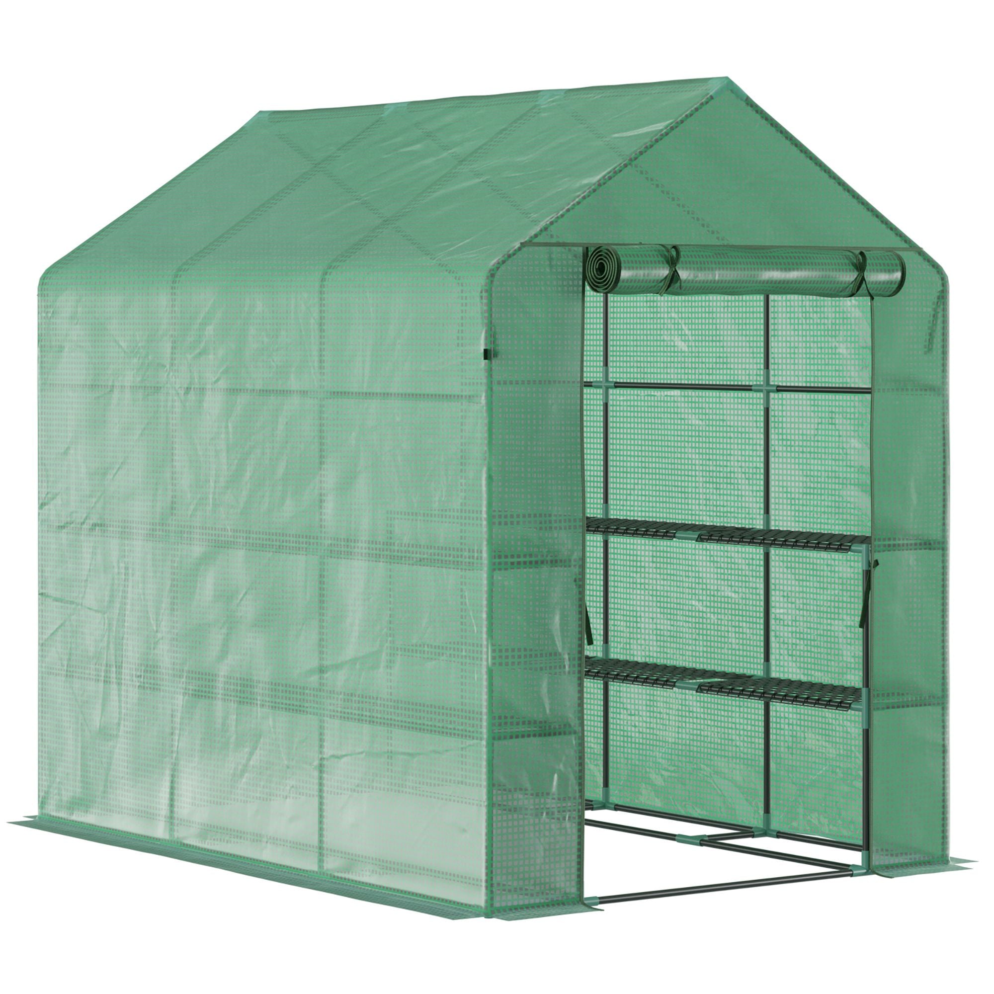 Outsunny 84"x 56" x 77" Walk-in Greenhouse 2-Tier Flower Rack Outdoor Plant Garden PE Cover Steel Frame with Roll up Door, Green