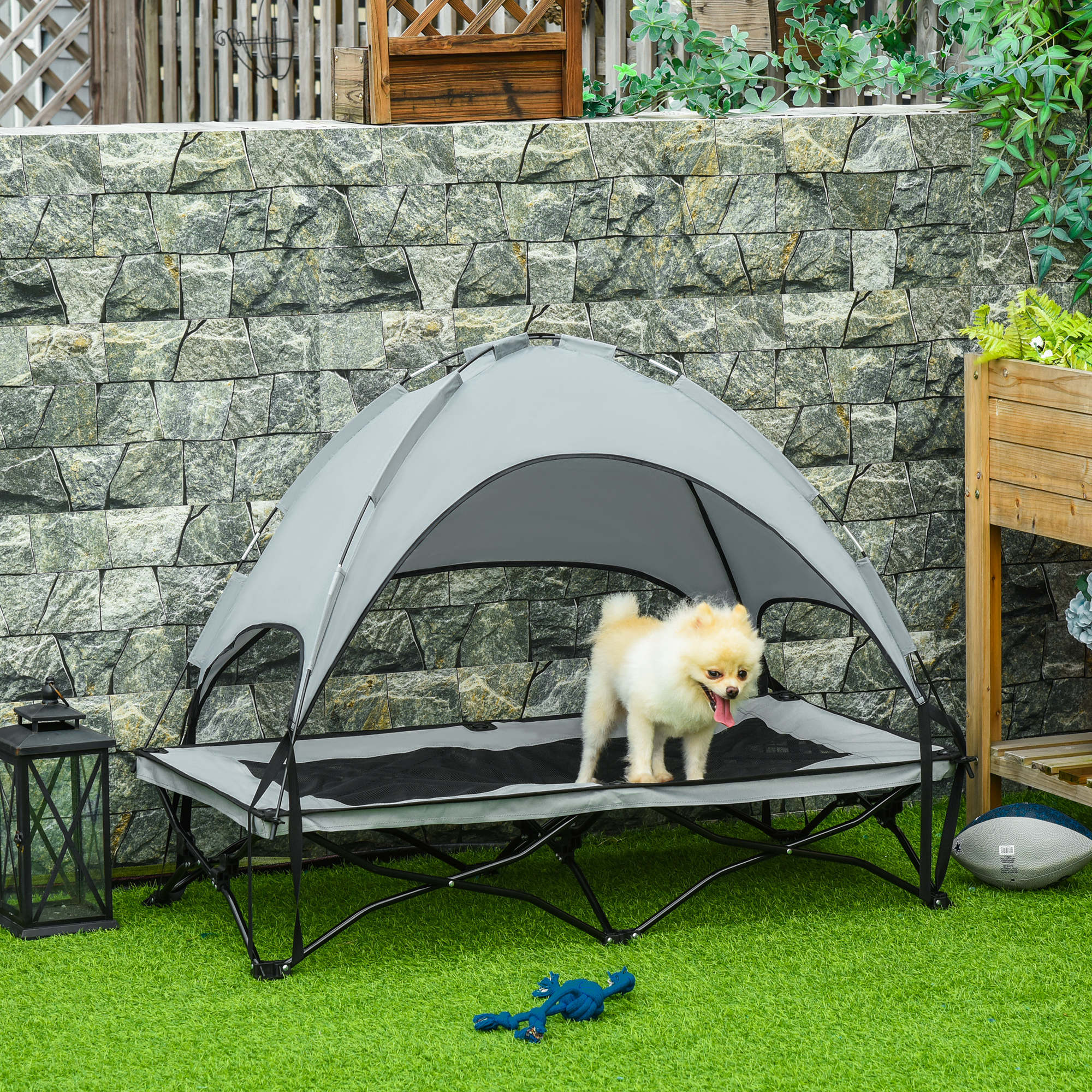 PawHut Elevated Dog Bed with Removable Canopy, Foldable Raised Pet Cot with Carry Bag, Ventilated Cooling Pet Bed for Medium, Large and Extra Large Dogs, Grey
