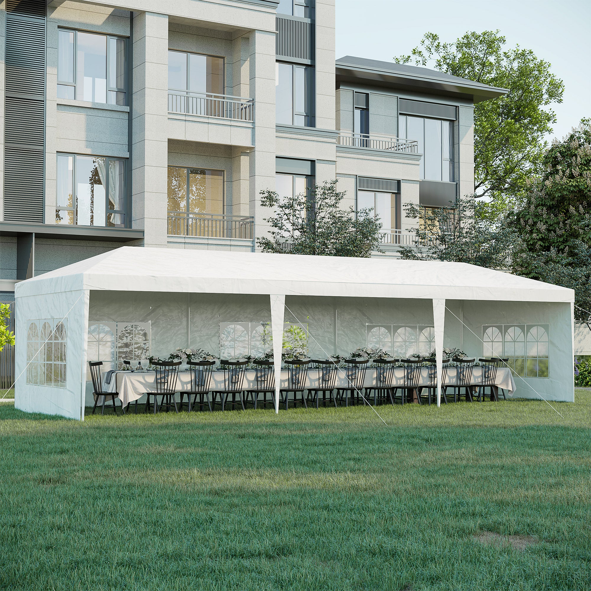 Outsunny 10 x 28ft Portable Party Tent, Gazebo Wedding Party Tent for Garden Dining and Outdoor with 5 Removable Sidewalls, White