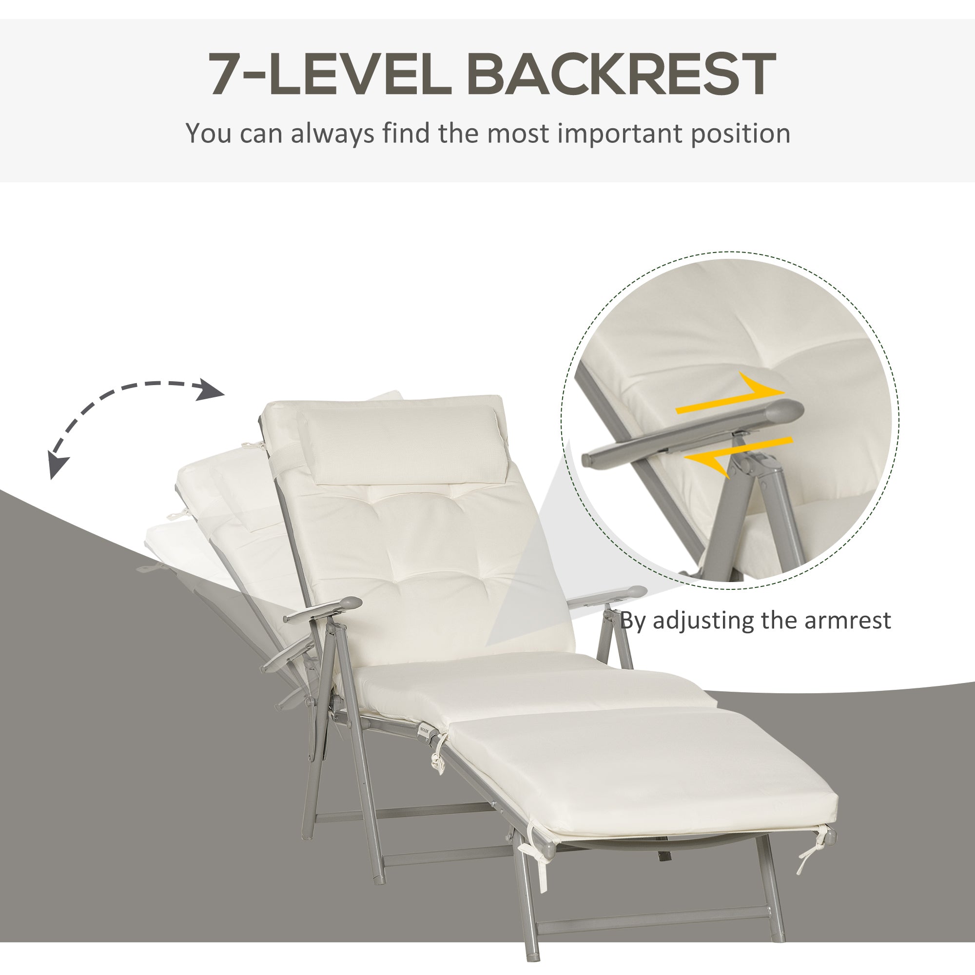 Outsunny Outdoor Folding Chaise Lounge Chair Recliner with Portable Design, Adjustable Backrest, Cushion and Headrest, Cream White