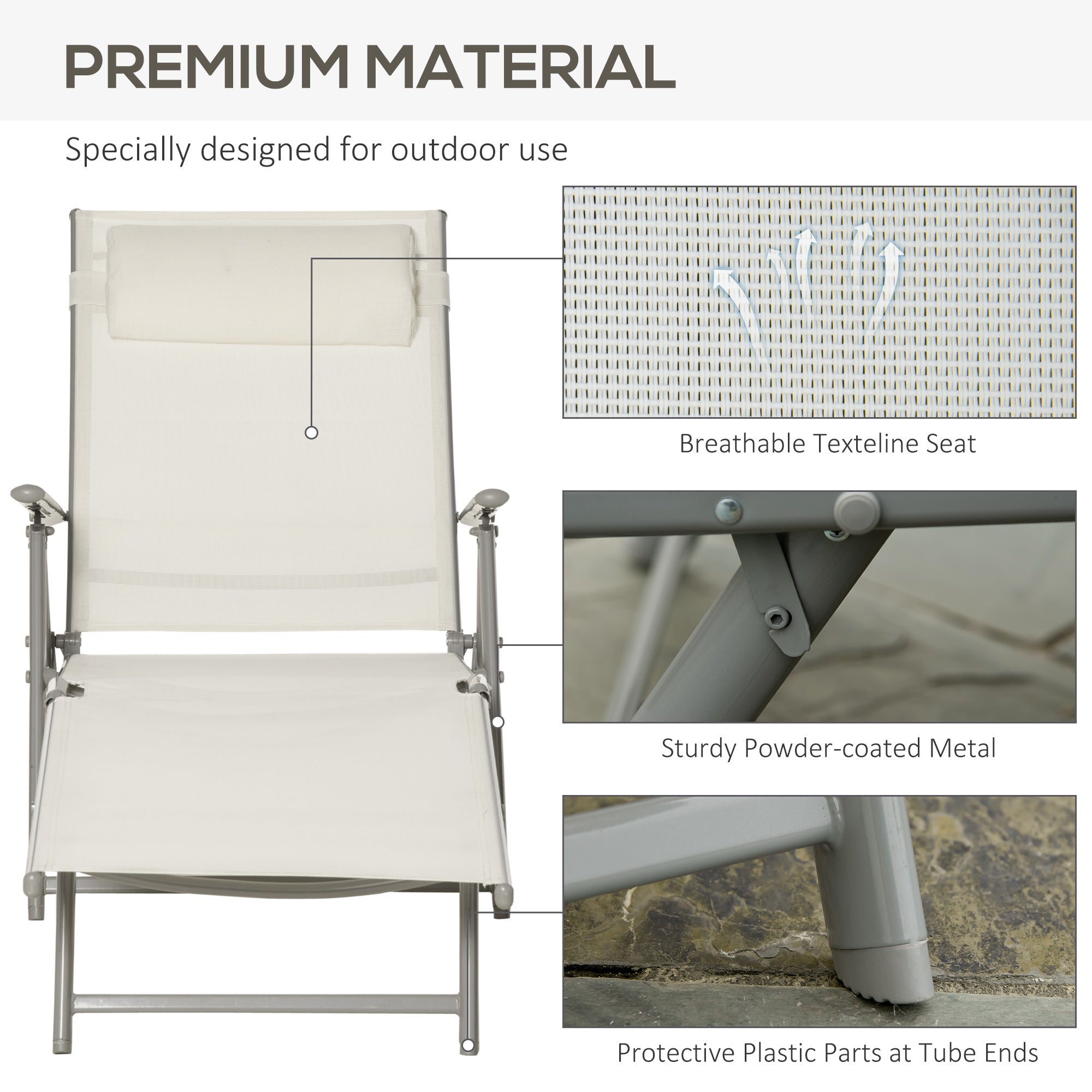 Outsunny Outdoor Folding Chaise Lounge Chair Recliner with Portable Design, Adjustable Backrest, Cushion and Headrest, Cream White