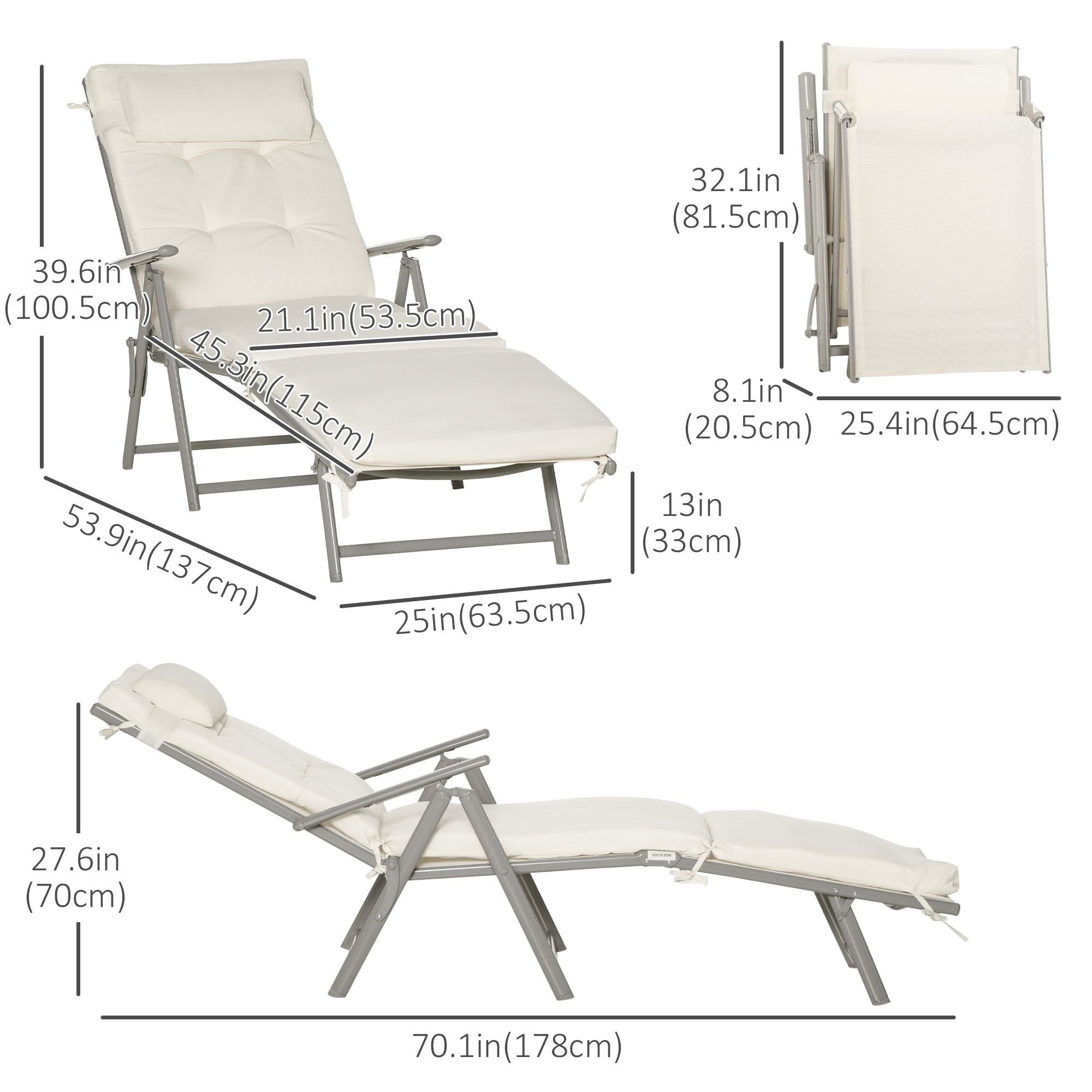 Outsunny Outdoor Folding Chaise Lounge Chair Recliner with Portable Design, Adjustable Backrest, Cushion and Headrest, Cream White