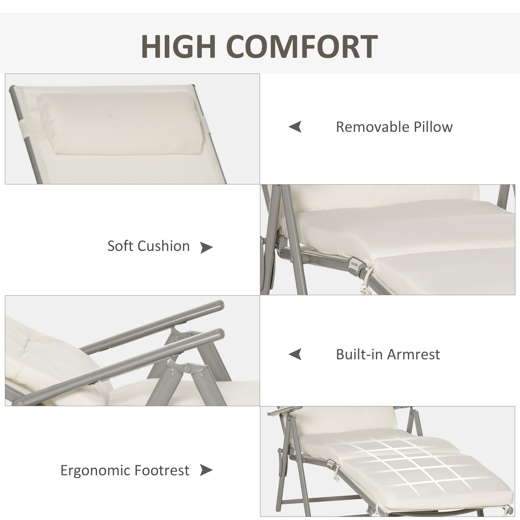 Outsunny Outdoor Folding Chaise Lounge Chair Recliner with Portable Design, Adjustable Backrest, Cushion and Headrest, Cream White