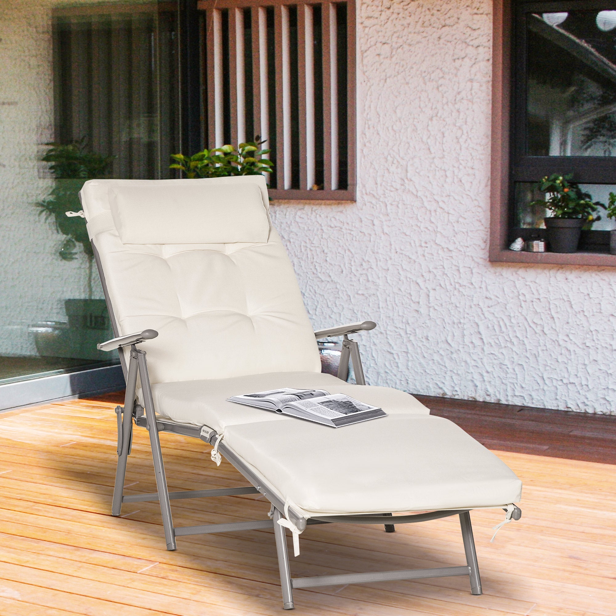 Outsunny Outdoor Folding Chaise Lounge Chair Recliner with Portable Design, Adjustable Backrest, Cushion and Headrest, Cream White