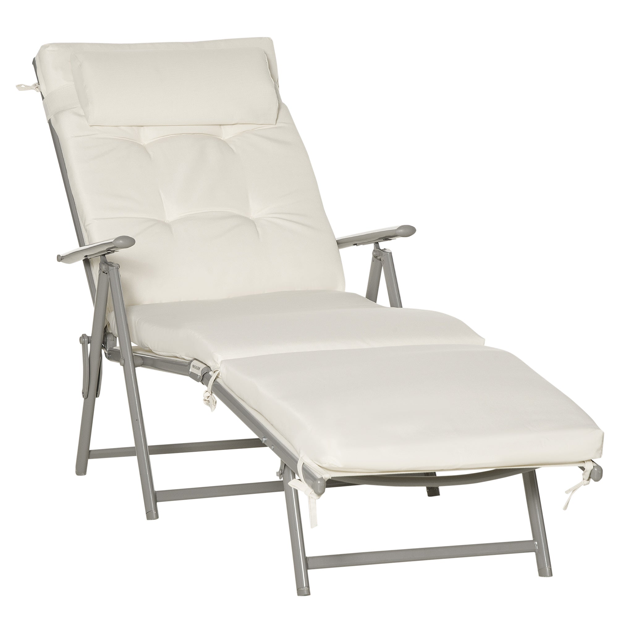 Outsunny Outdoor Folding Chaise Lounge Chair Recliner with Portable Design, Adjustable Backrest, Cushion and Headrest, Cream White