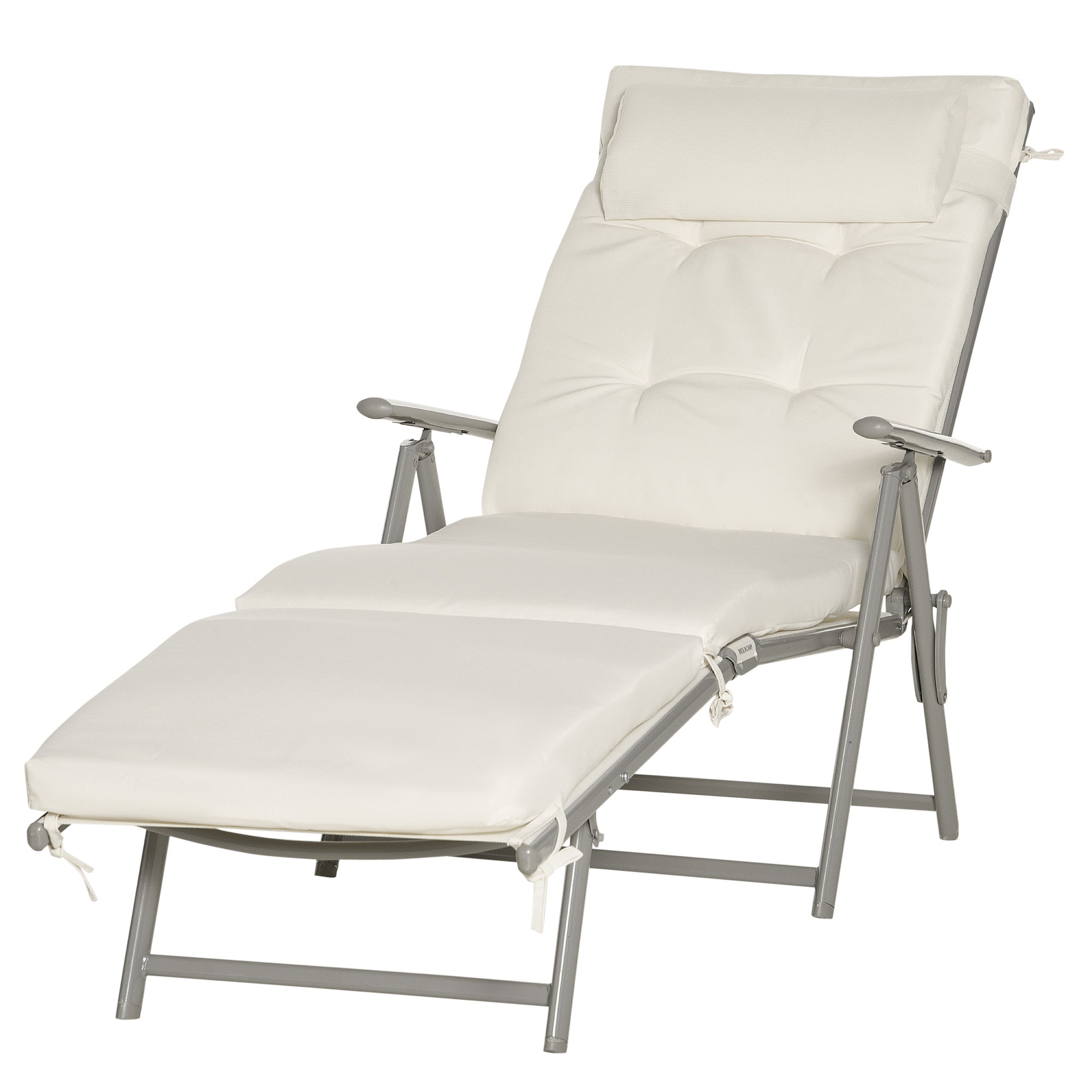 Outsunny Outdoor Folding Chaise Lounge Chair Recliner with Portable Design, Adjustable Backrest, Cushion and Headrest, Cream White
