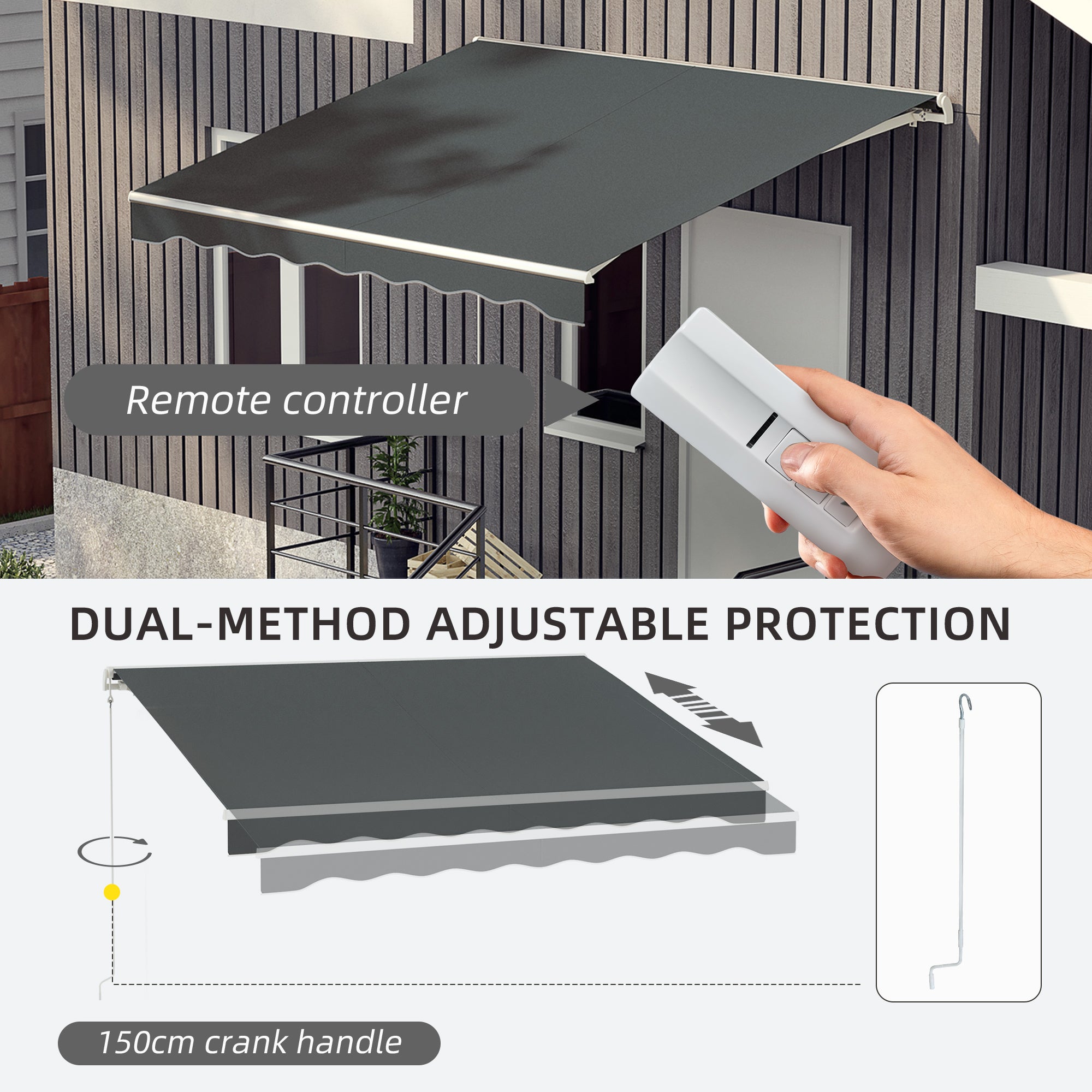 Outsunny 10' x 8' Electric Awning, Retractable Awning Sun Shade Shelter with Remote Controller, Manual Crank Handle and Aluminum Frame, for Deck, Balcony, Yard, Grey