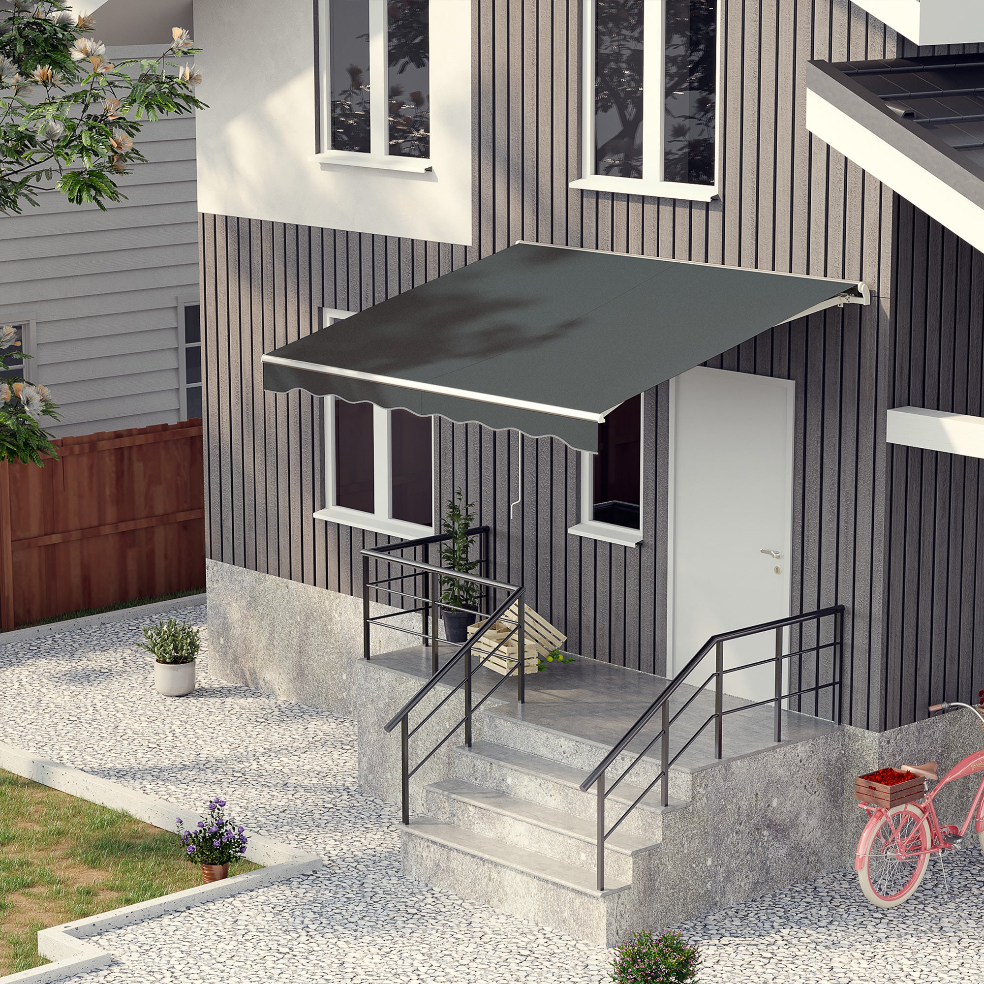 Outsunny 10' x 8' Electric Awning, Retractable Awning Sun Shade Shelter with Remote Controller, Manual Crank Handle and Aluminum Frame, for Deck, Balcony, Yard, Grey