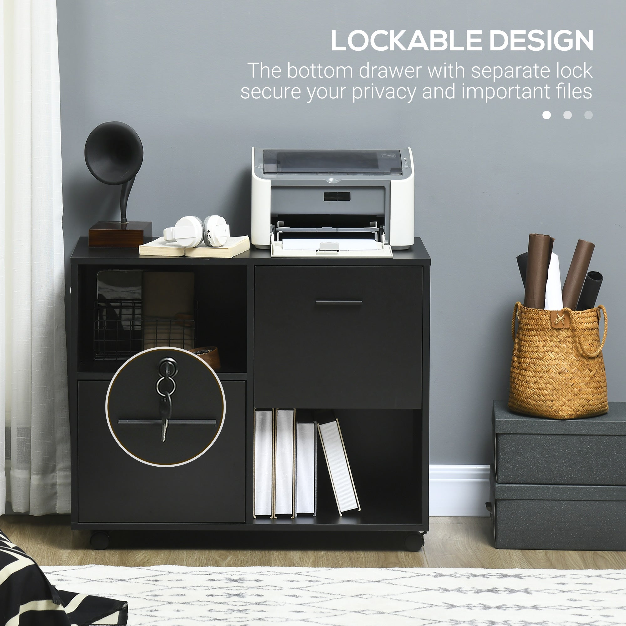 Vinsetto Lateral Filing Cabinet with Drawers and Lock, File Cabinet, Mobile Printer Stand with Open Shelves and Wheels for Letter and A4 Size Documents, Black