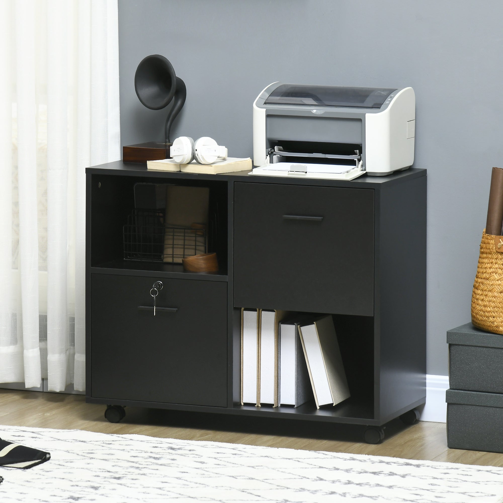 Vinsetto Lateral Filing Cabinet with Drawers and Lock, File Cabinet, Mobile Printer Stand with Open Shelves and Wheels for Letter and A4 Size Documents, Black