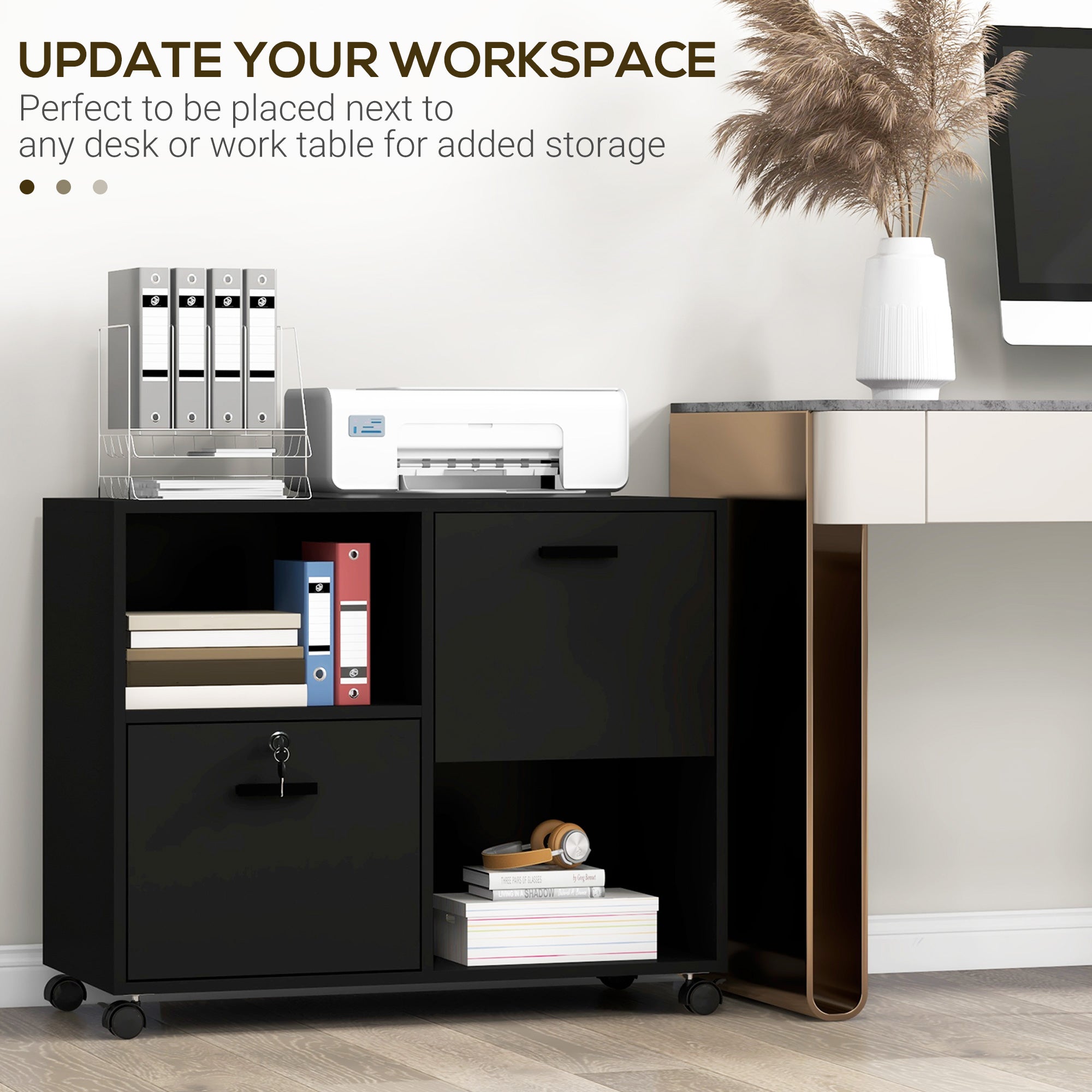 Vinsetto Lateral Filing Cabinet with Drawers and Lock, File Cabinet, Mobile Printer Stand with Open Shelves and Wheels for Letter and A4 Size Documents, Black