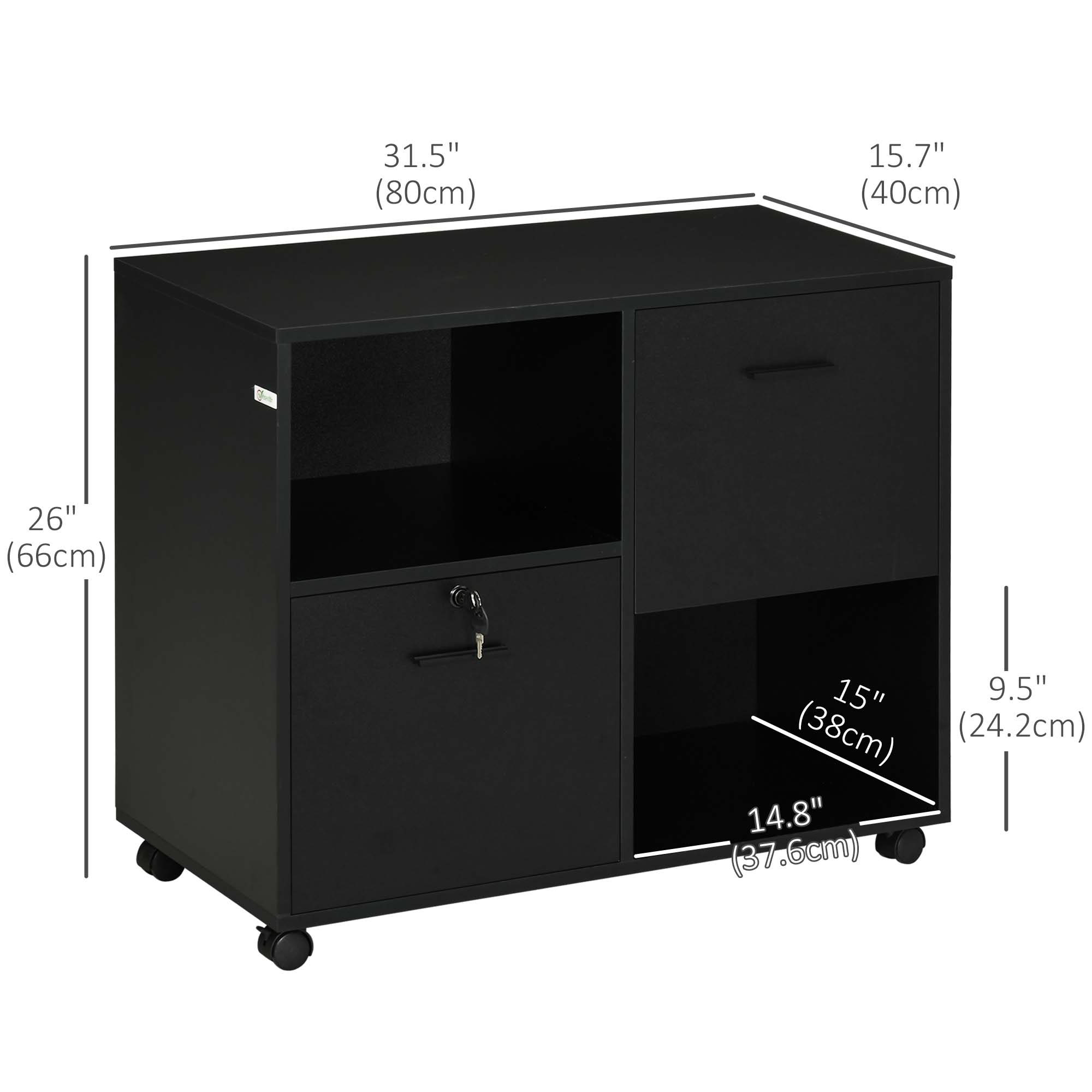 Vinsetto Lateral Filing Cabinet with Drawers and Lock, File Cabinet, Mobile Printer Stand with Open Shelves and Wheels for Letter and A4 Size Documents, Black