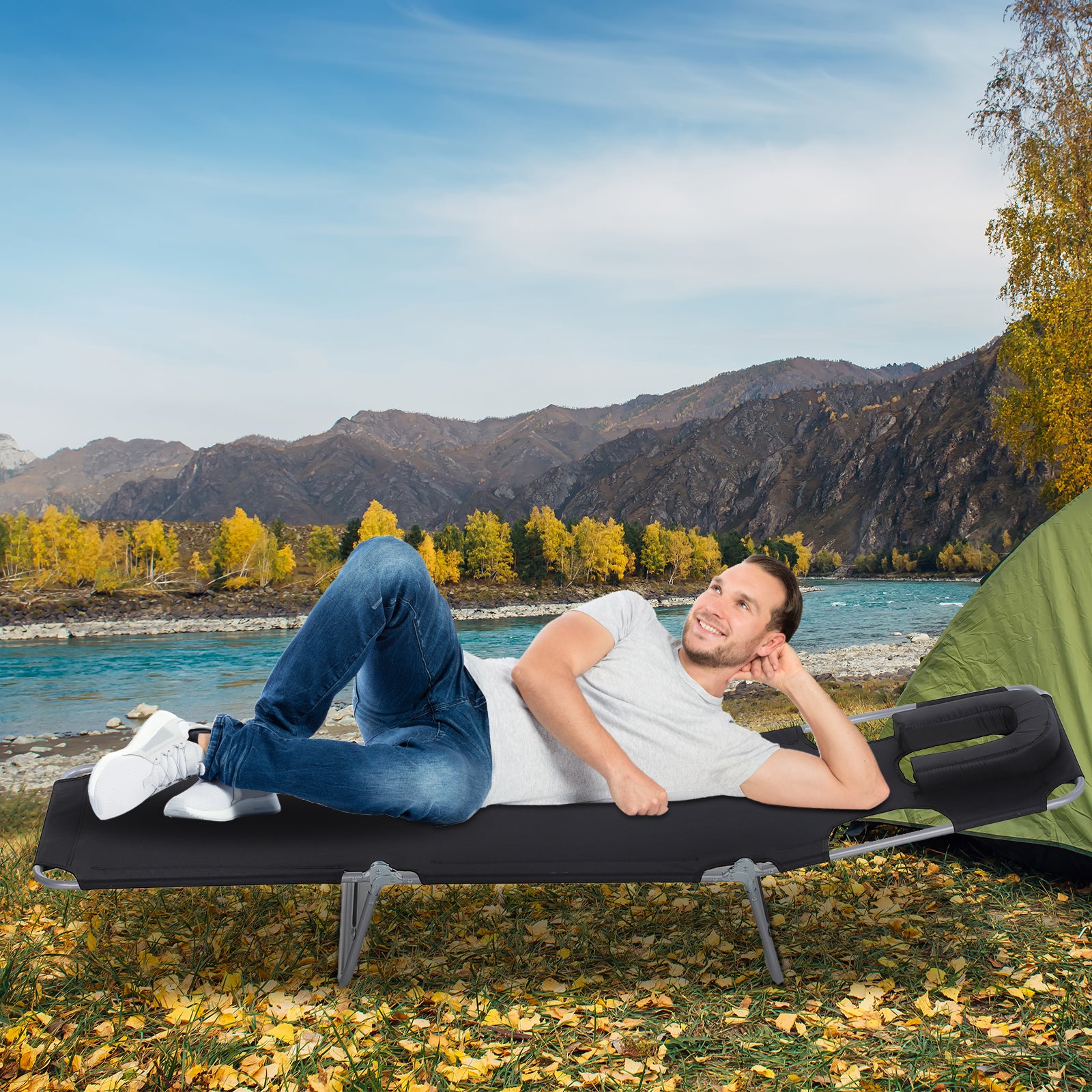 Outsunny Outdoor Lounge Chair, Adjustable Folding Chaise Lounge with Face Cavity, Tanning Chair Sun Lounger Bed Recliner, Black