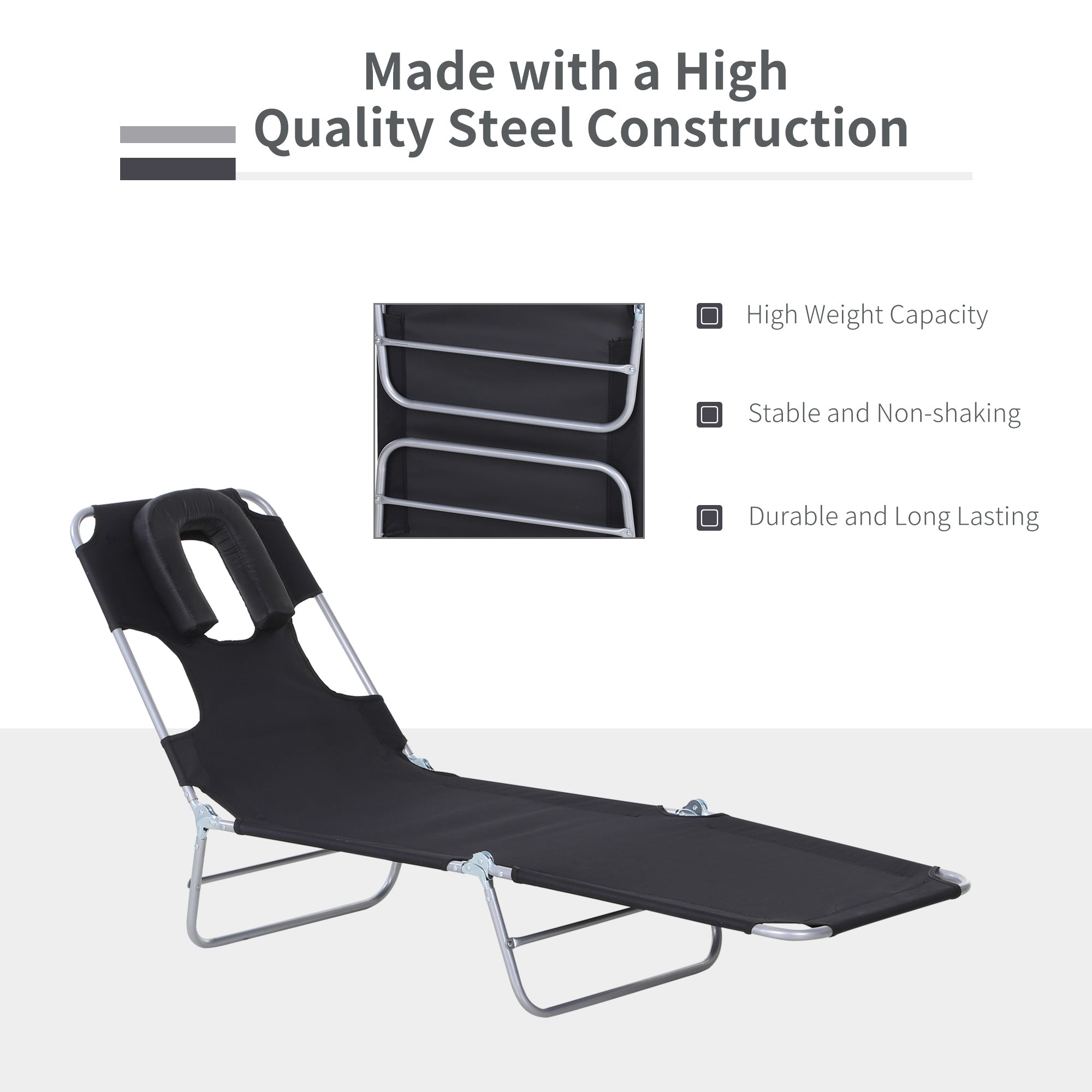 Outsunny Outdoor Lounge Chair, Adjustable Folding Chaise Lounge with Face Cavity, Tanning Chair Sun Lounger Bed Recliner, Black