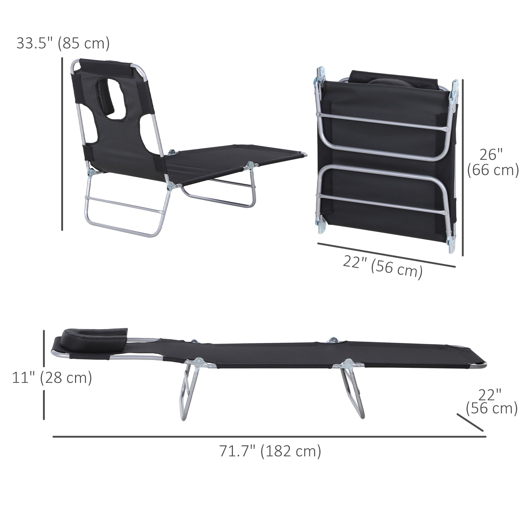 Outsunny Outdoor Lounge Chair, Adjustable Folding Chaise Lounge with Face Cavity, Tanning Chair Sun Lounger Bed Recliner, Black